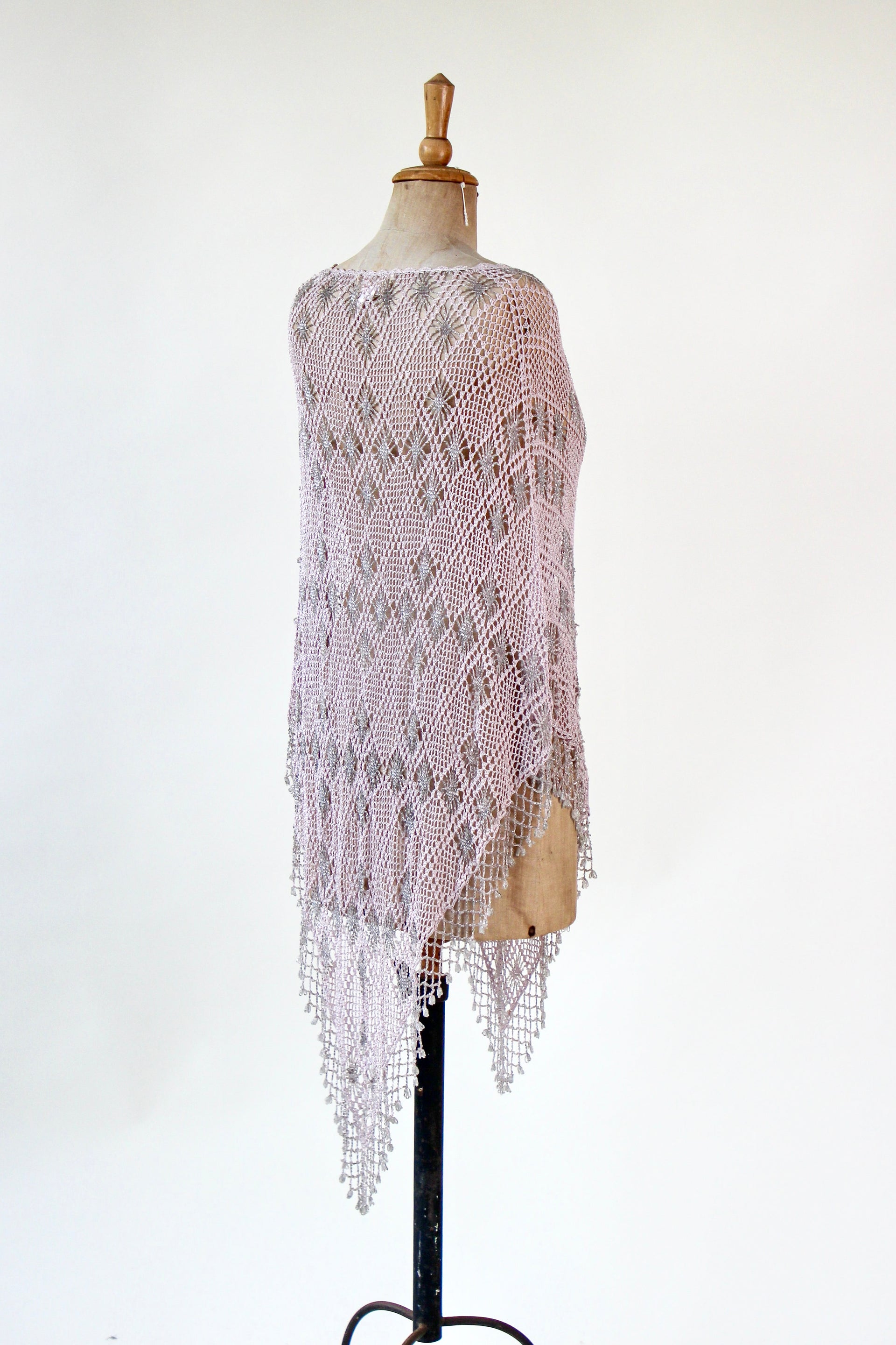 Vintage Pale Pink Beaded Crochet Poncho