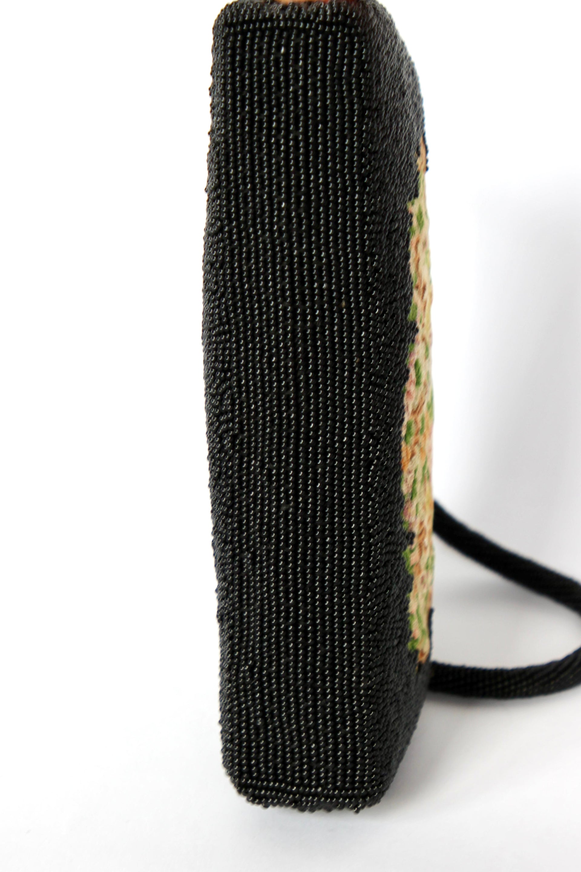 1940s 1950s Vintage Black Beaded & Floral Petit Point Evening Bag