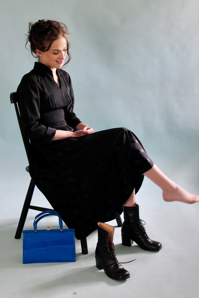 1930s Vintage Black Silk Dress//Size S