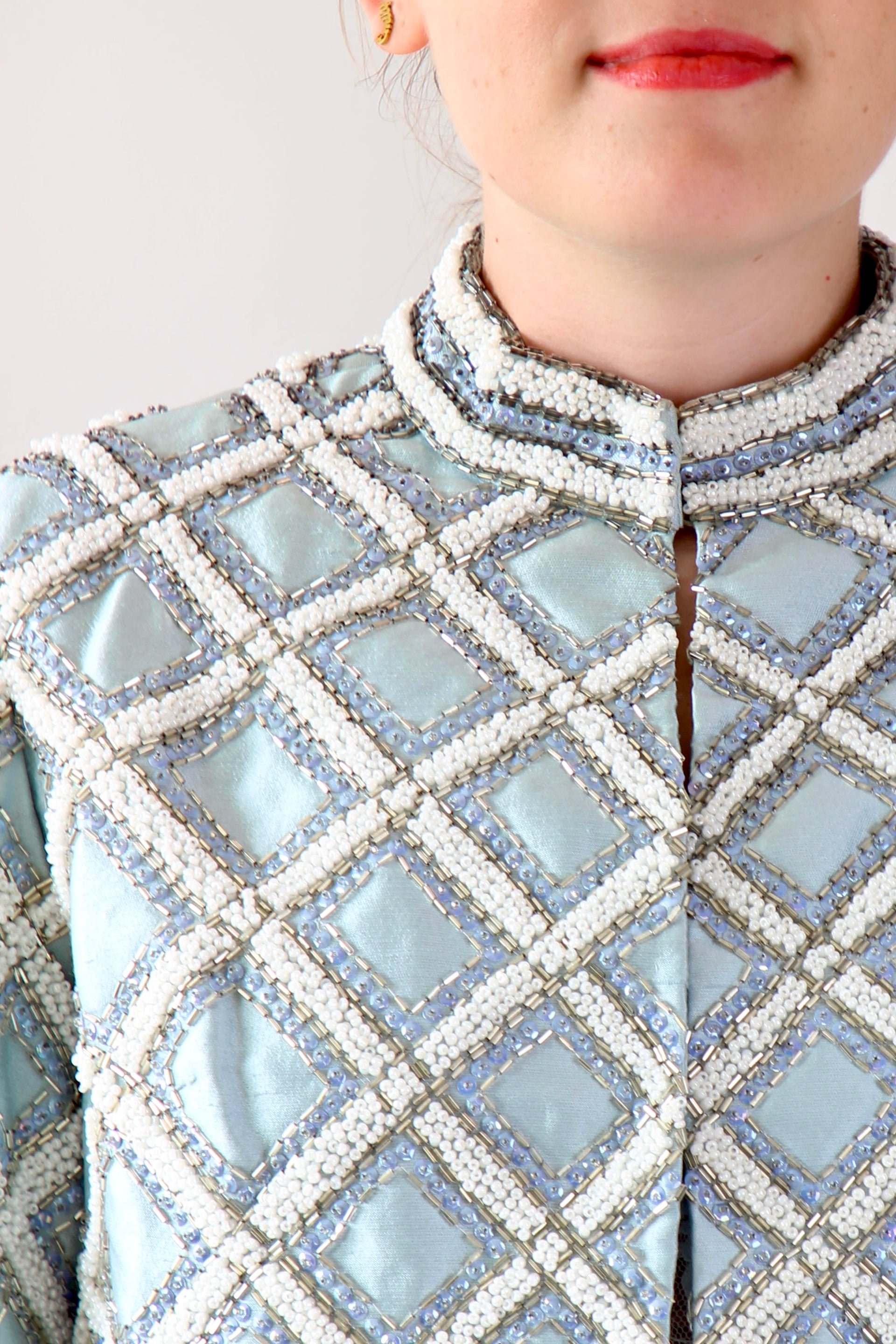 1950s 1960s Vintage Ice Blue Beaded Cropped Jacket/Bolero // Size S/M