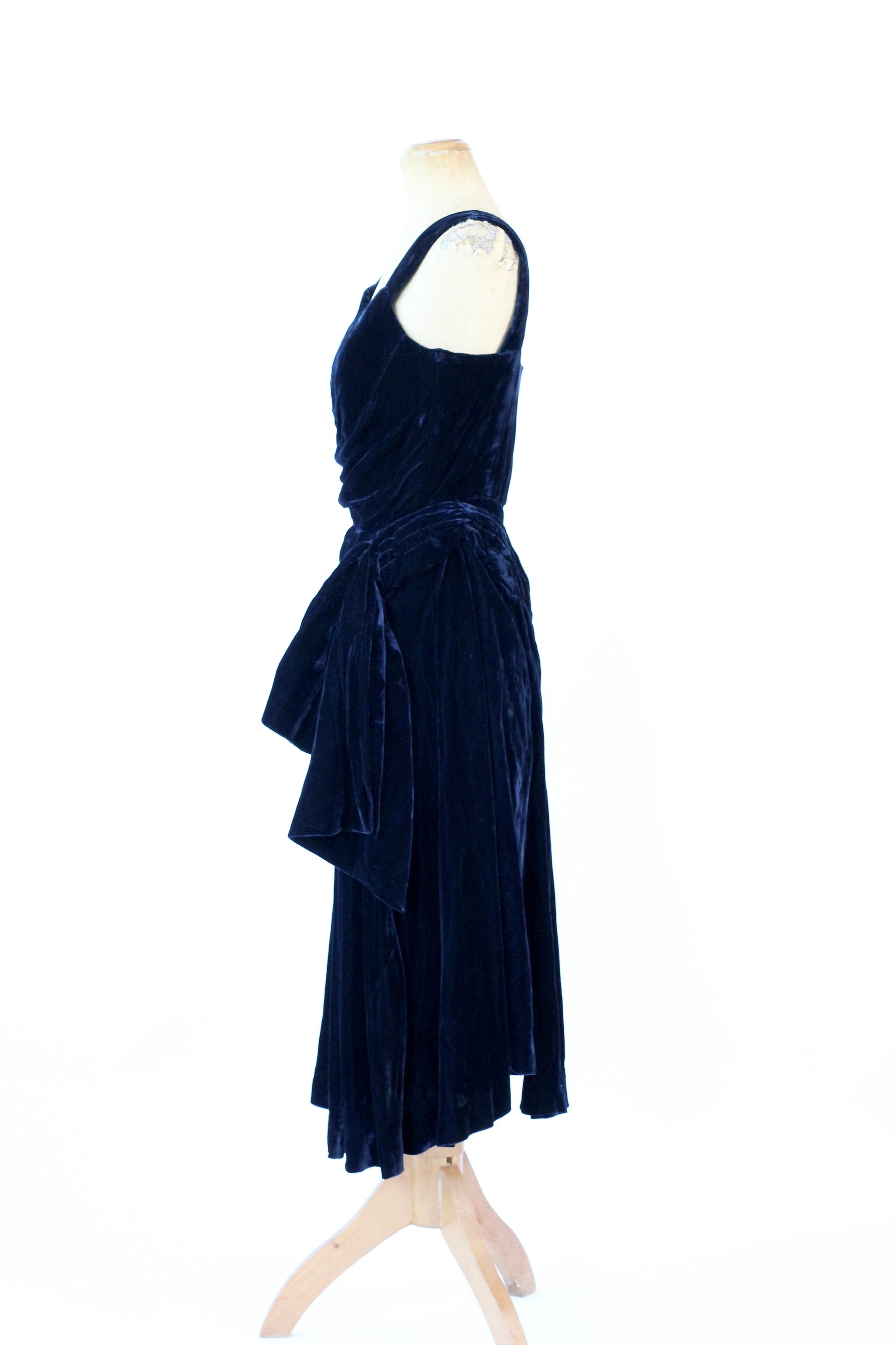 1950s Dark Blue Velvet Silk Dress//Size M