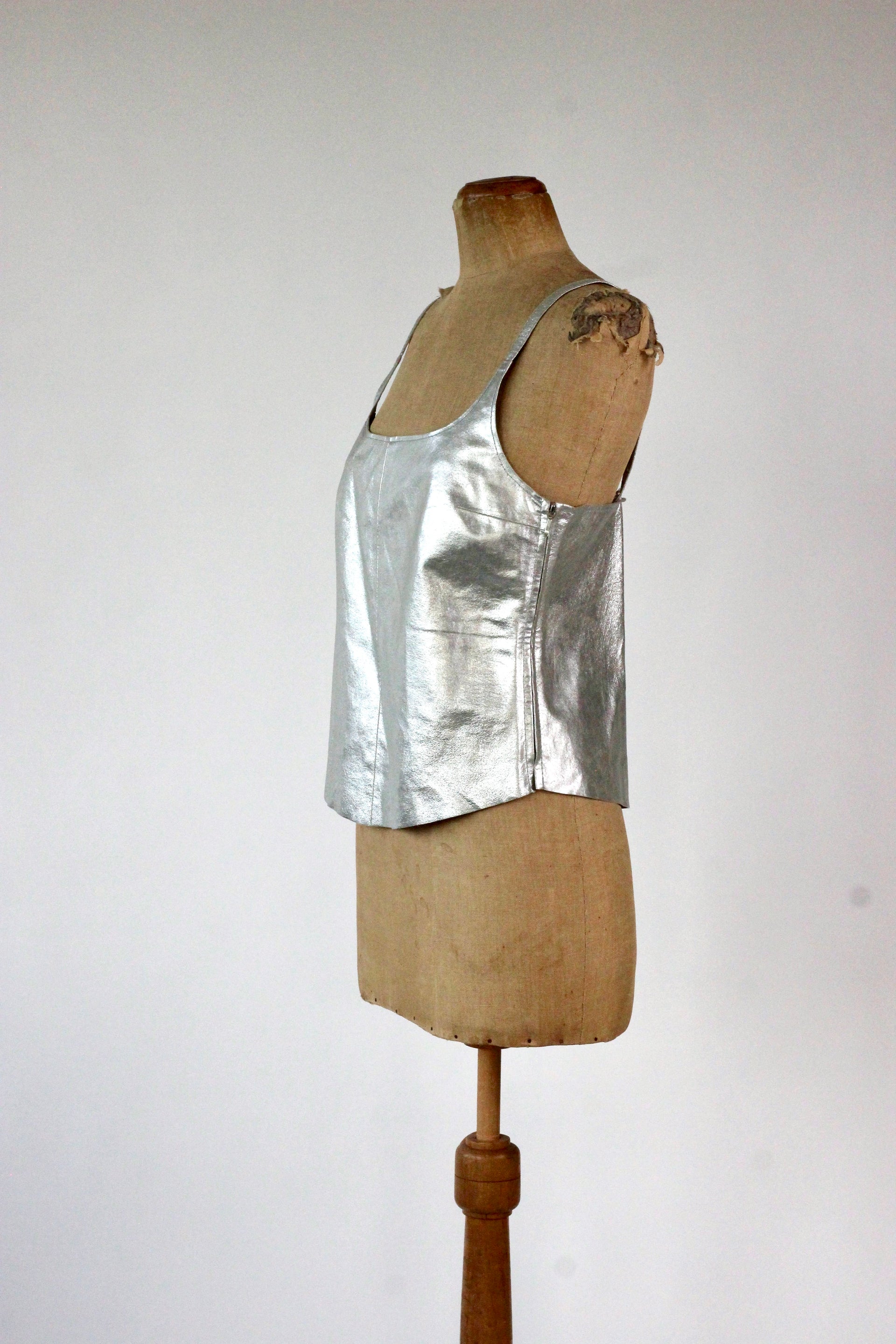 1990s Vintage Leather Silver Top//Size L