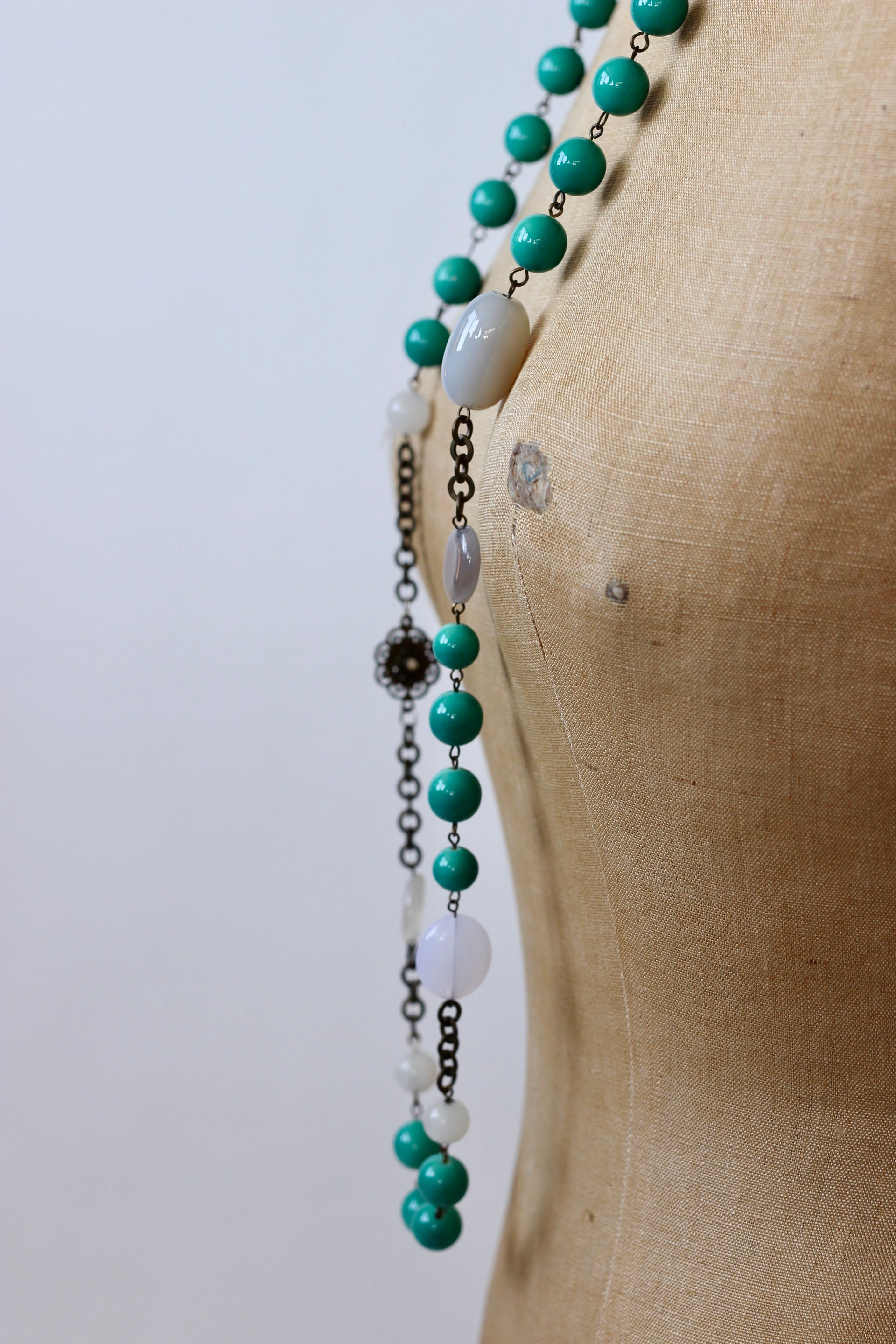 1970s Long Beaded Metal Chain with Glass Beads