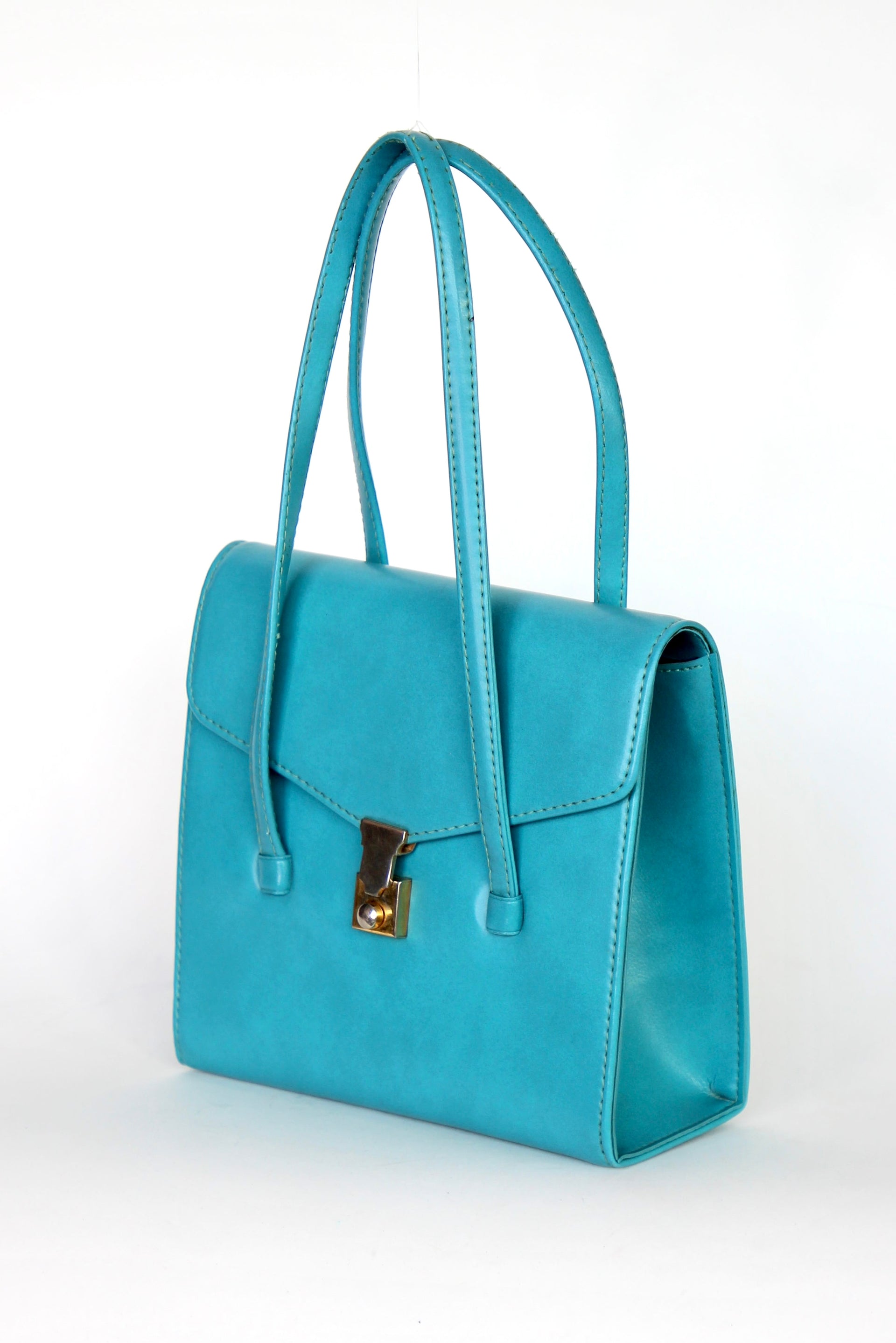 1970s Vintage Blue Vinyl Purse / Top Handle Bag