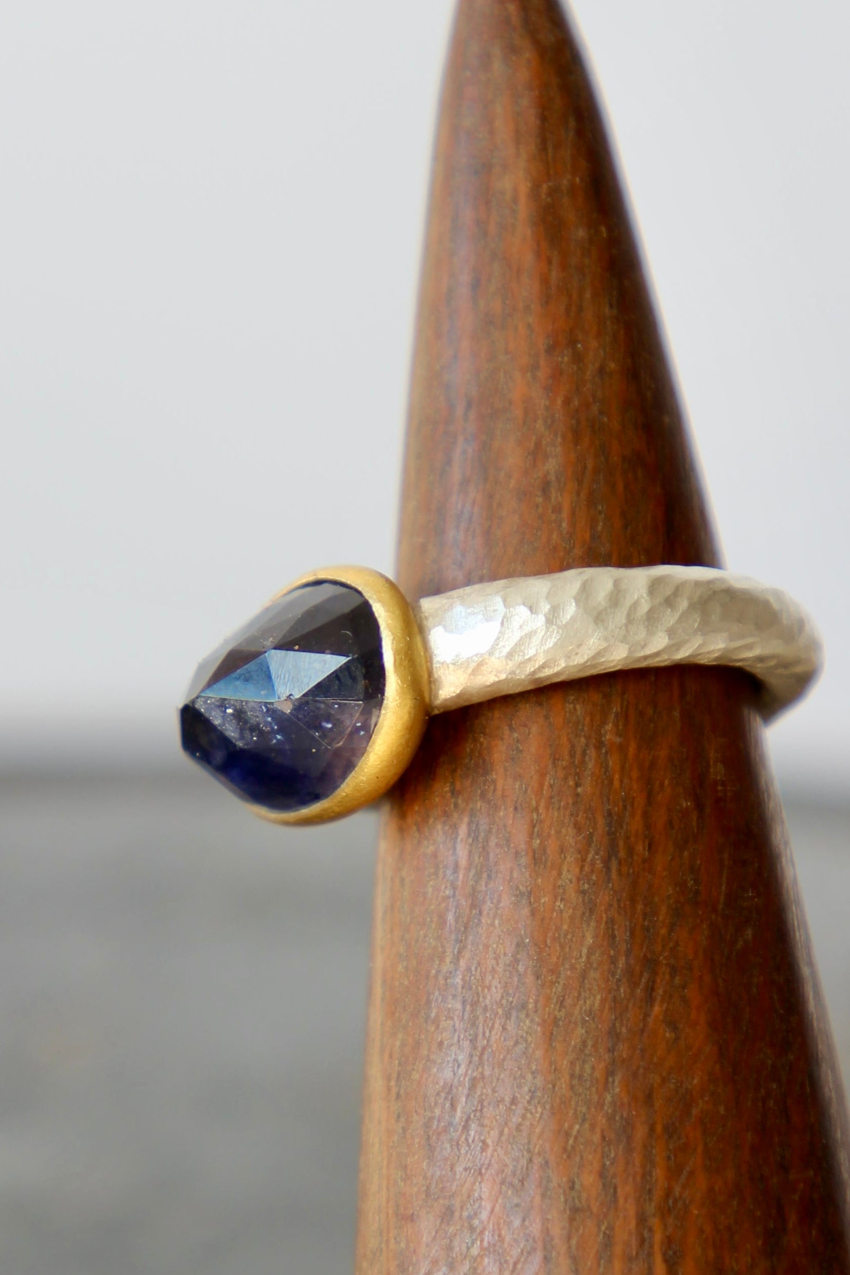 Handmade Iolite Cup Ring // Poppy Dandiya Ring // Hammered Sterling Silver // 24K Filled Gold // Size 55