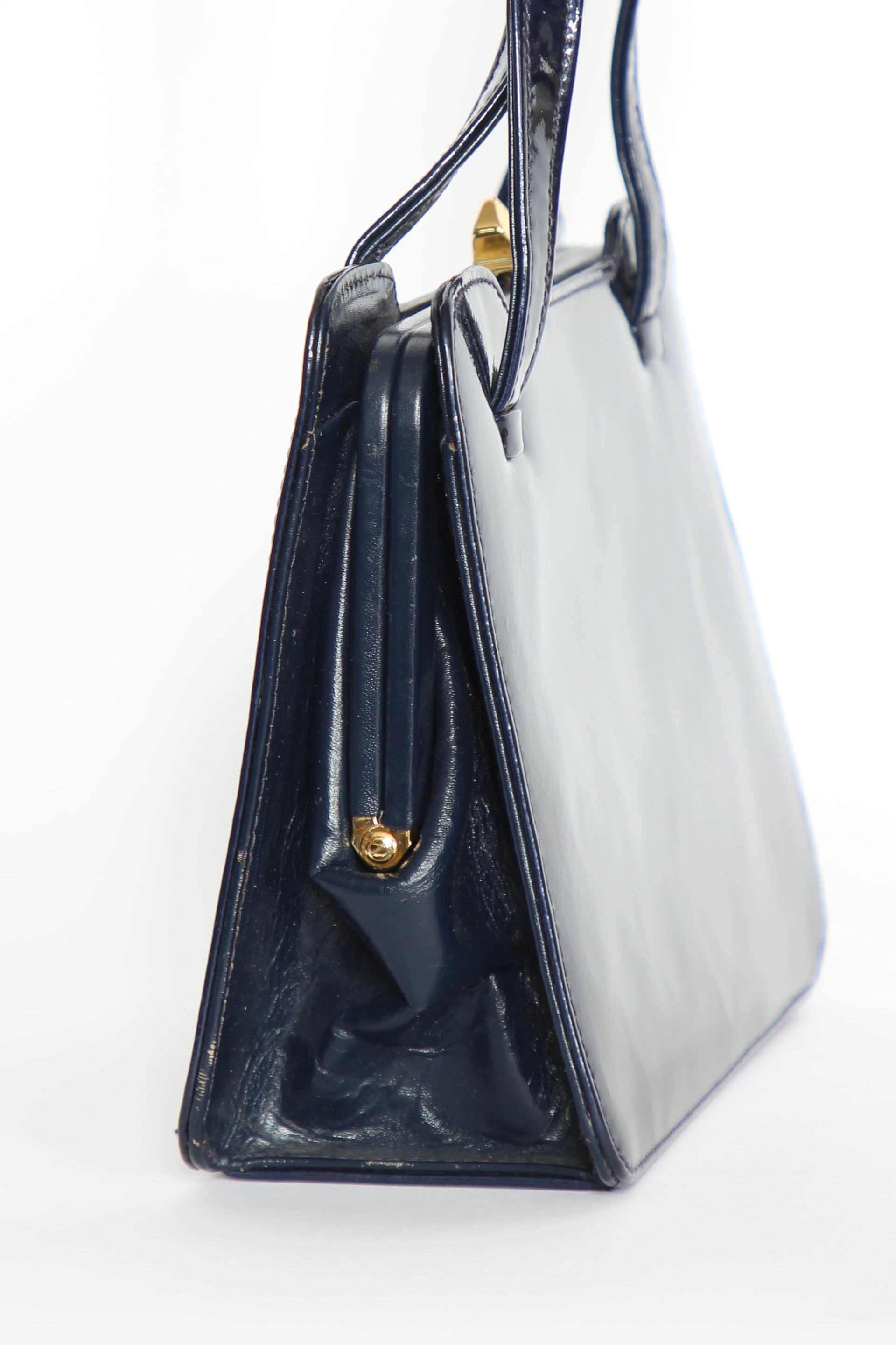 1950s 1960s Vintage Navy Blue Patent Leather Top Handle Bag/Purse
