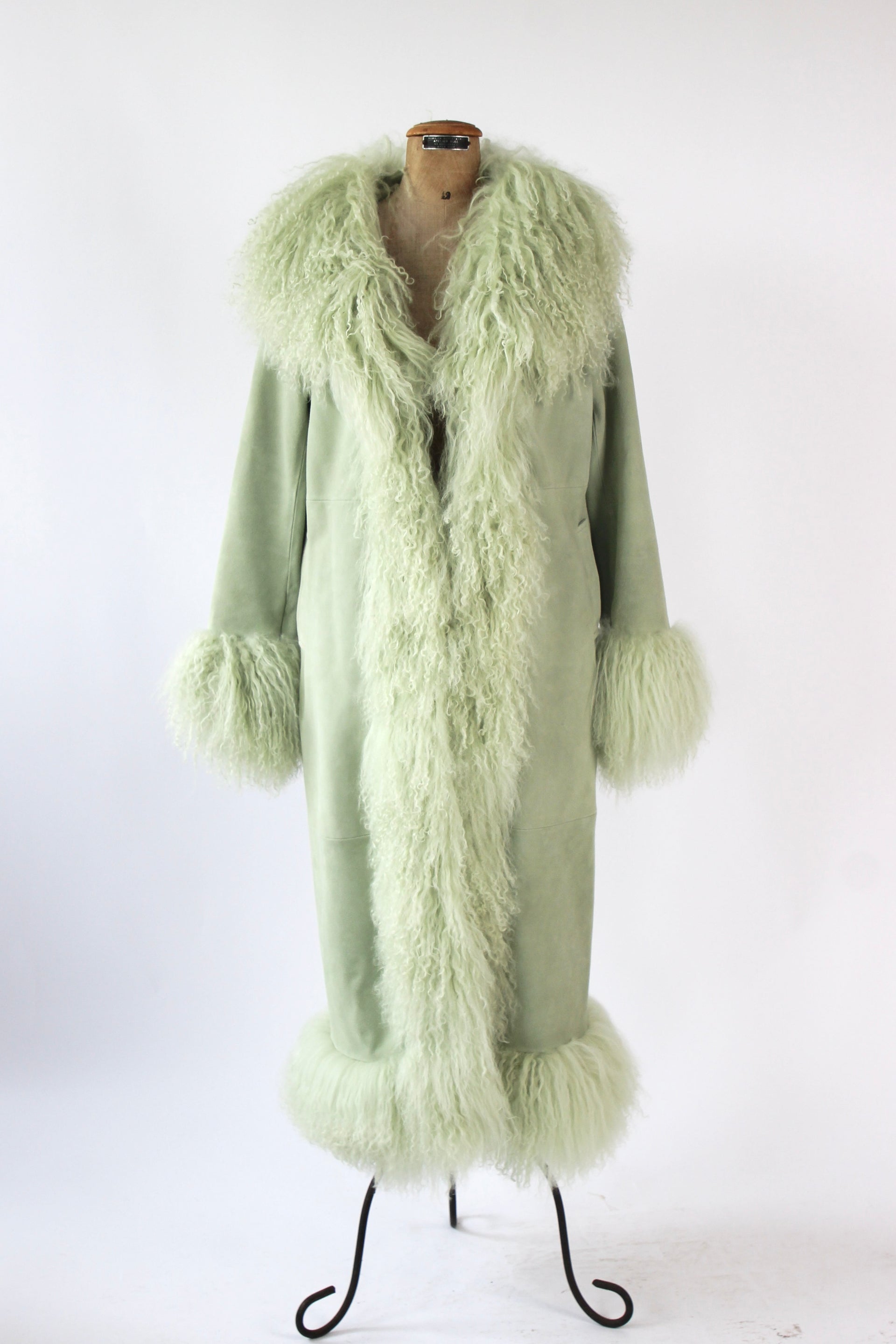 Mint Green Suede Leather Coat with Mongolian Sheep Fur