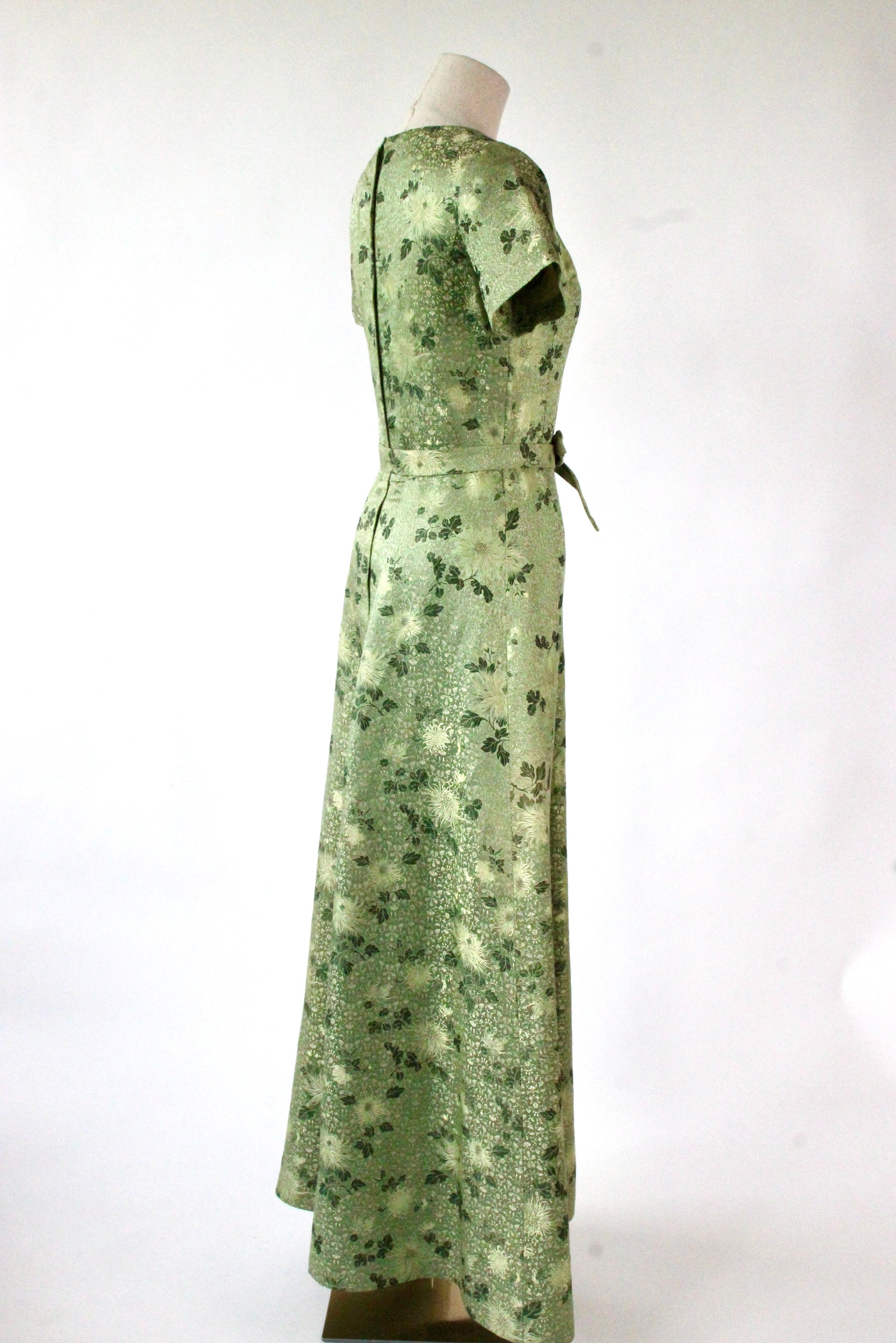 1950s 1960s Green/Gold Evening Gown with Chinese Inspired Pattern//Size XS/S