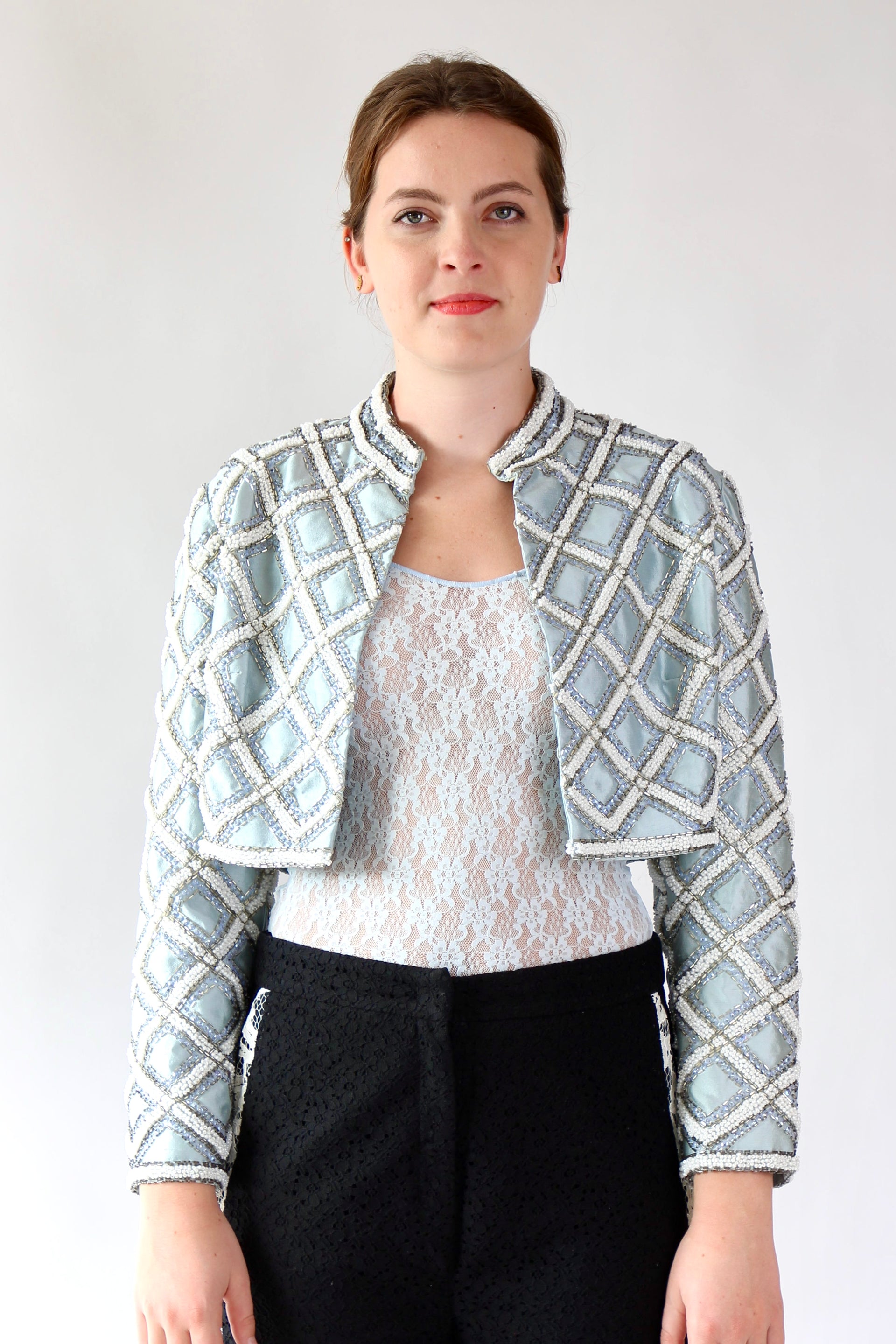 1950s 1960s Vintage Ice Blue Beaded Cropped Jacket/Bolero // Size S/M