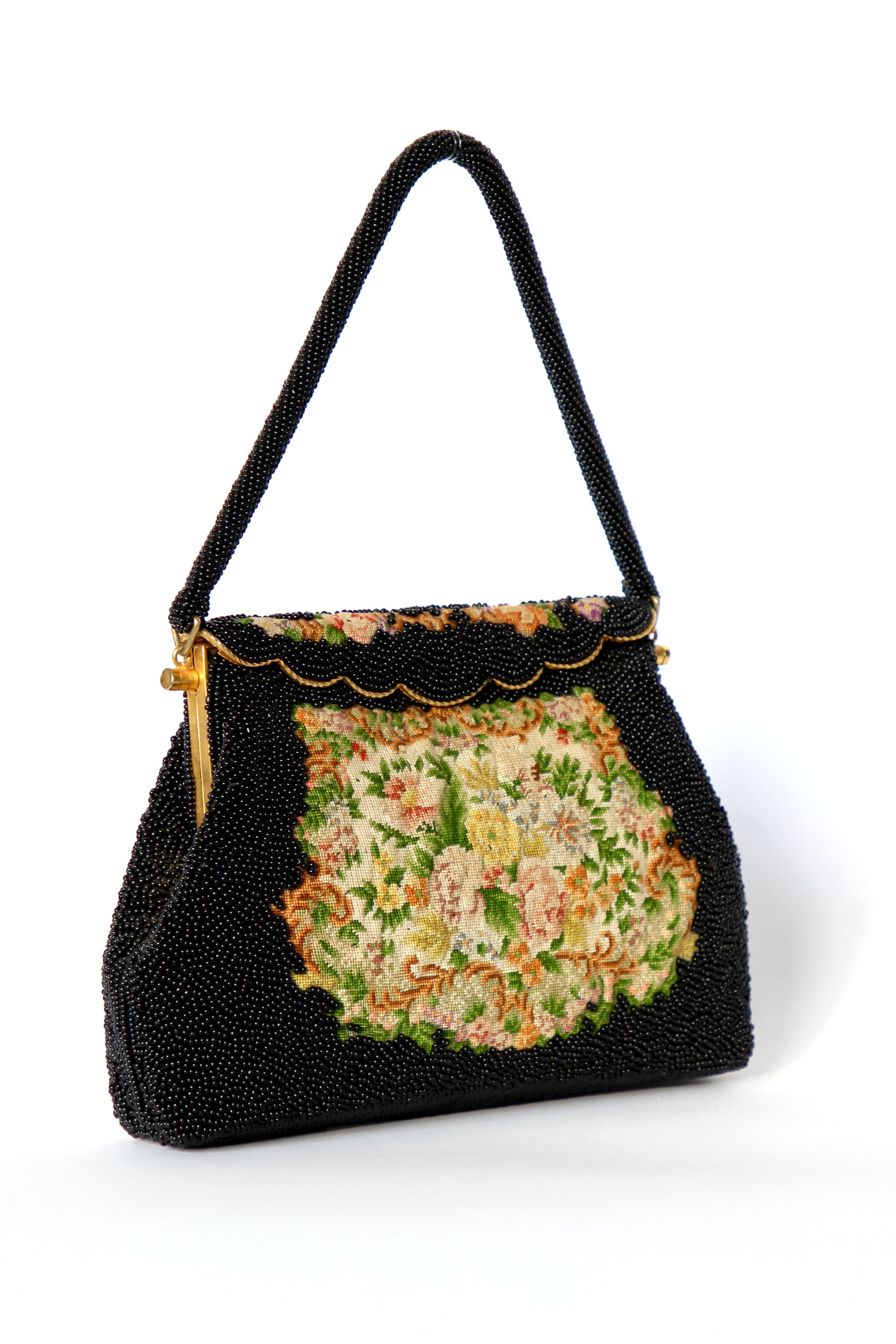 1940s 1950s Vintage Black Beaded & Floral Petit Point Evening Bag