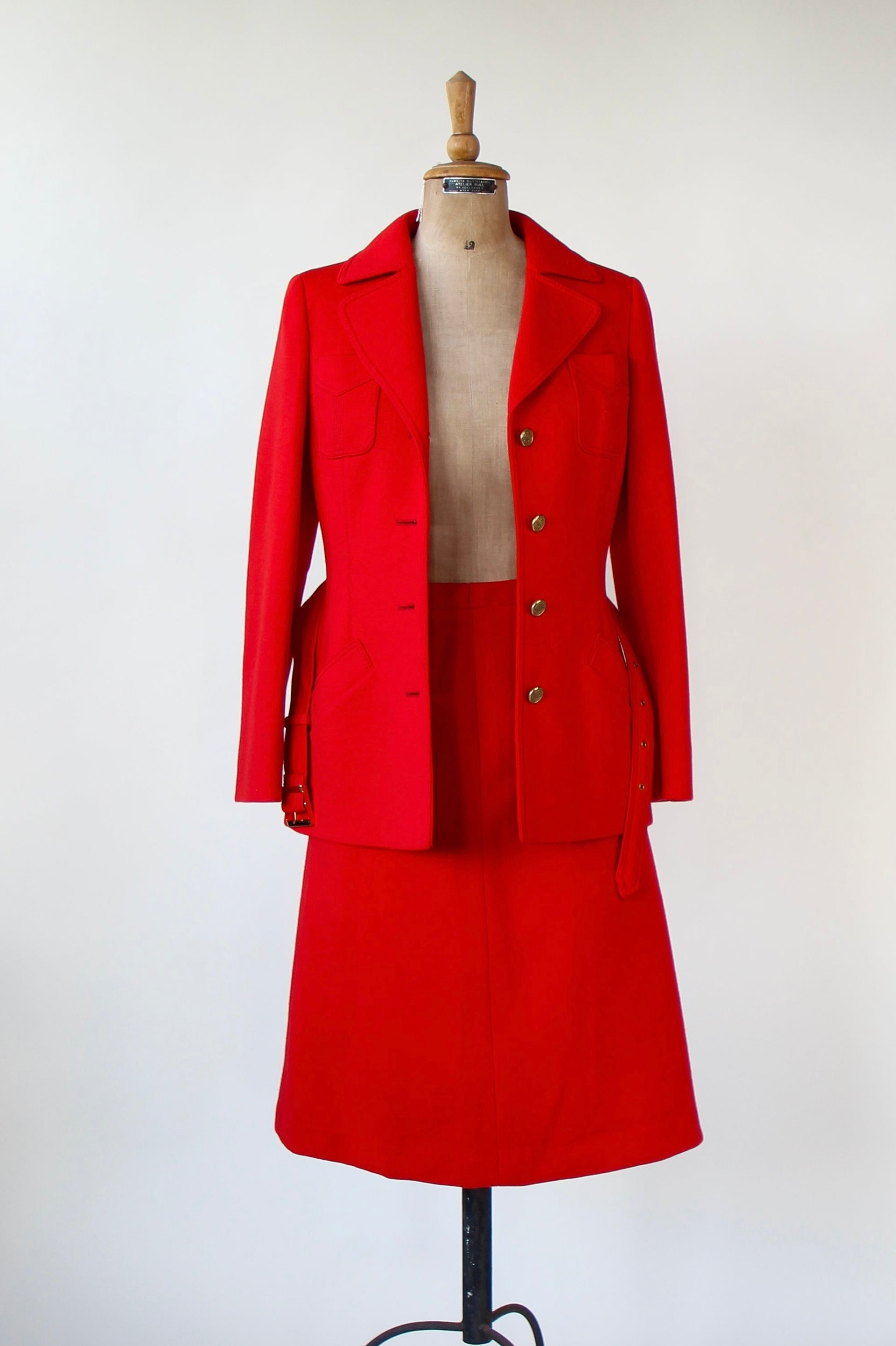 1960s 1970s Vintage Bright Red Wool Skirt Suit // Size S