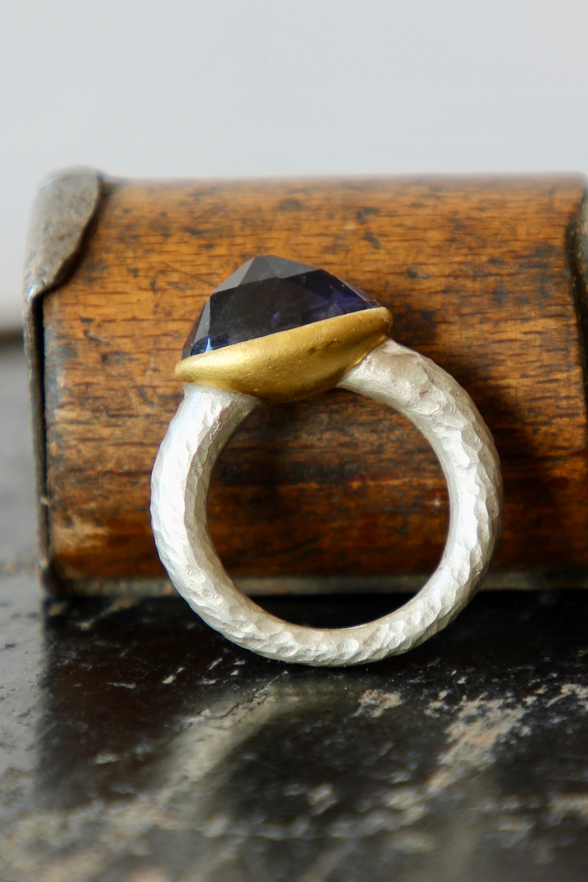 Handmade Iolite Cup Ring // Poppy Dandiya Ring // Hammered Sterling Silver // 24K Filled Gold // Size 55