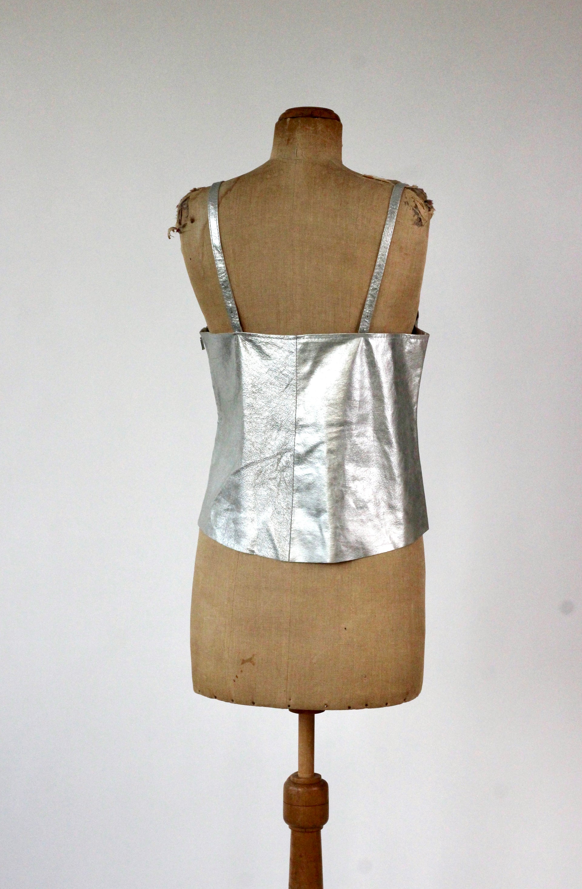 1990s Vintage Leather Silver Top//Size L