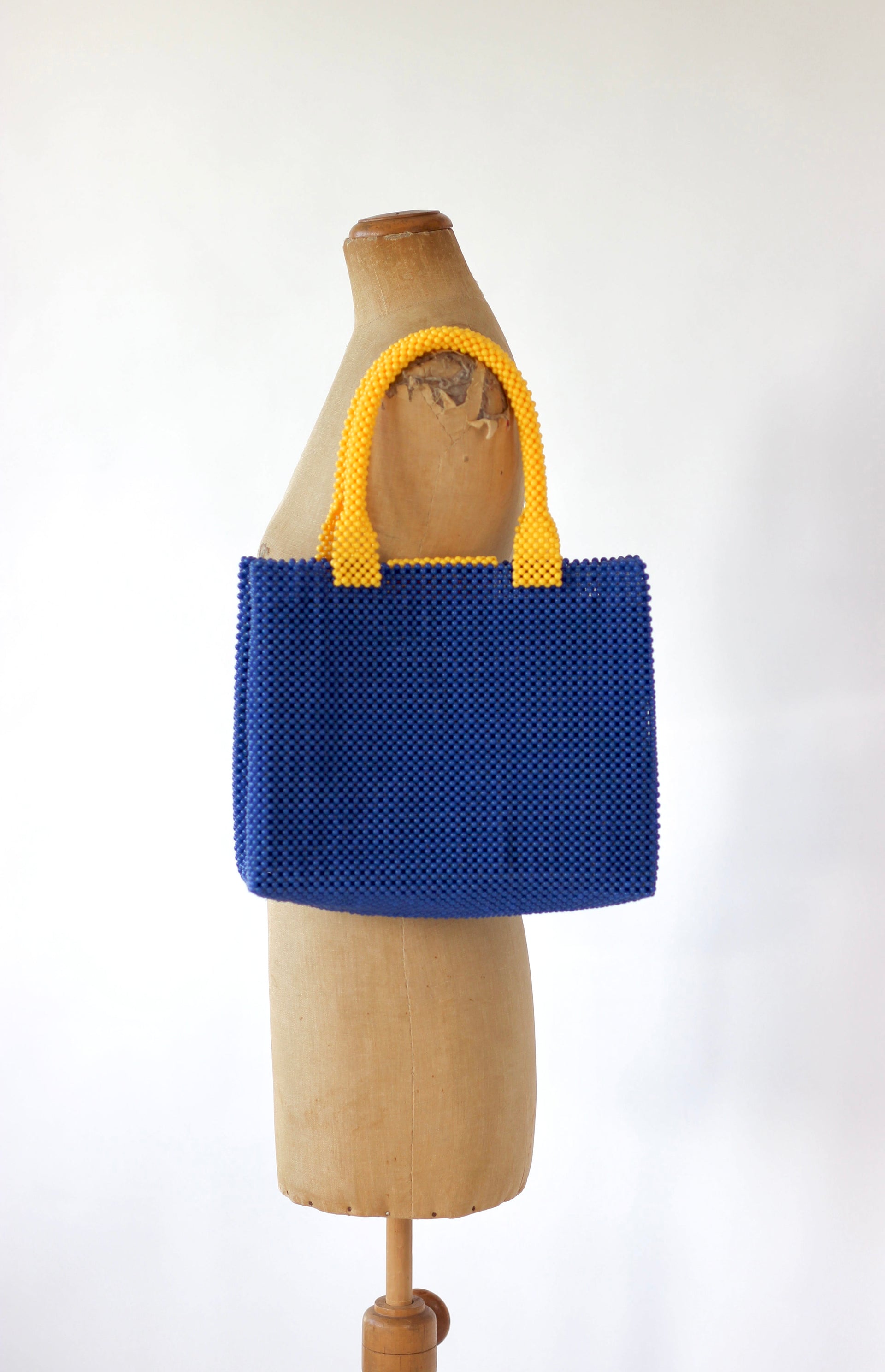 Vintage Beaded Handbag in Blue and Yellow Plastic Beads