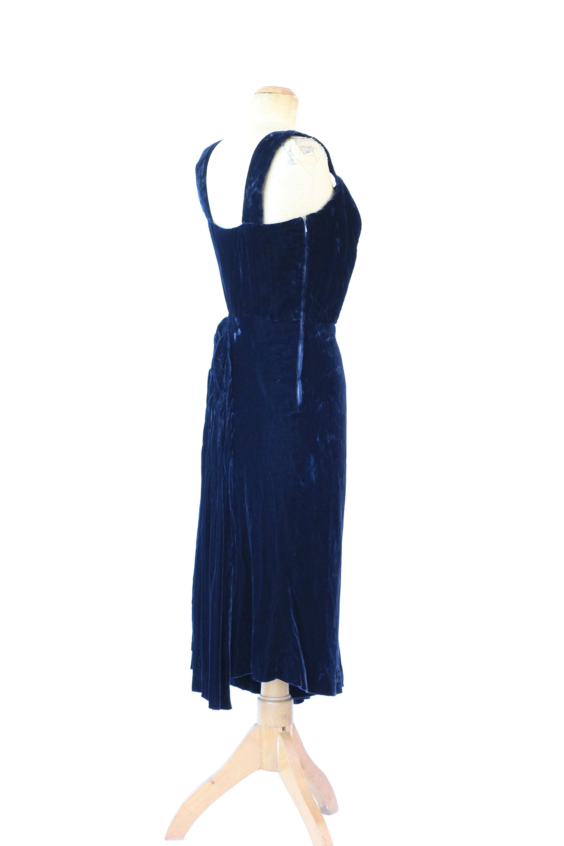 1950s Dark Blue Velvet Silk Dress//Size M