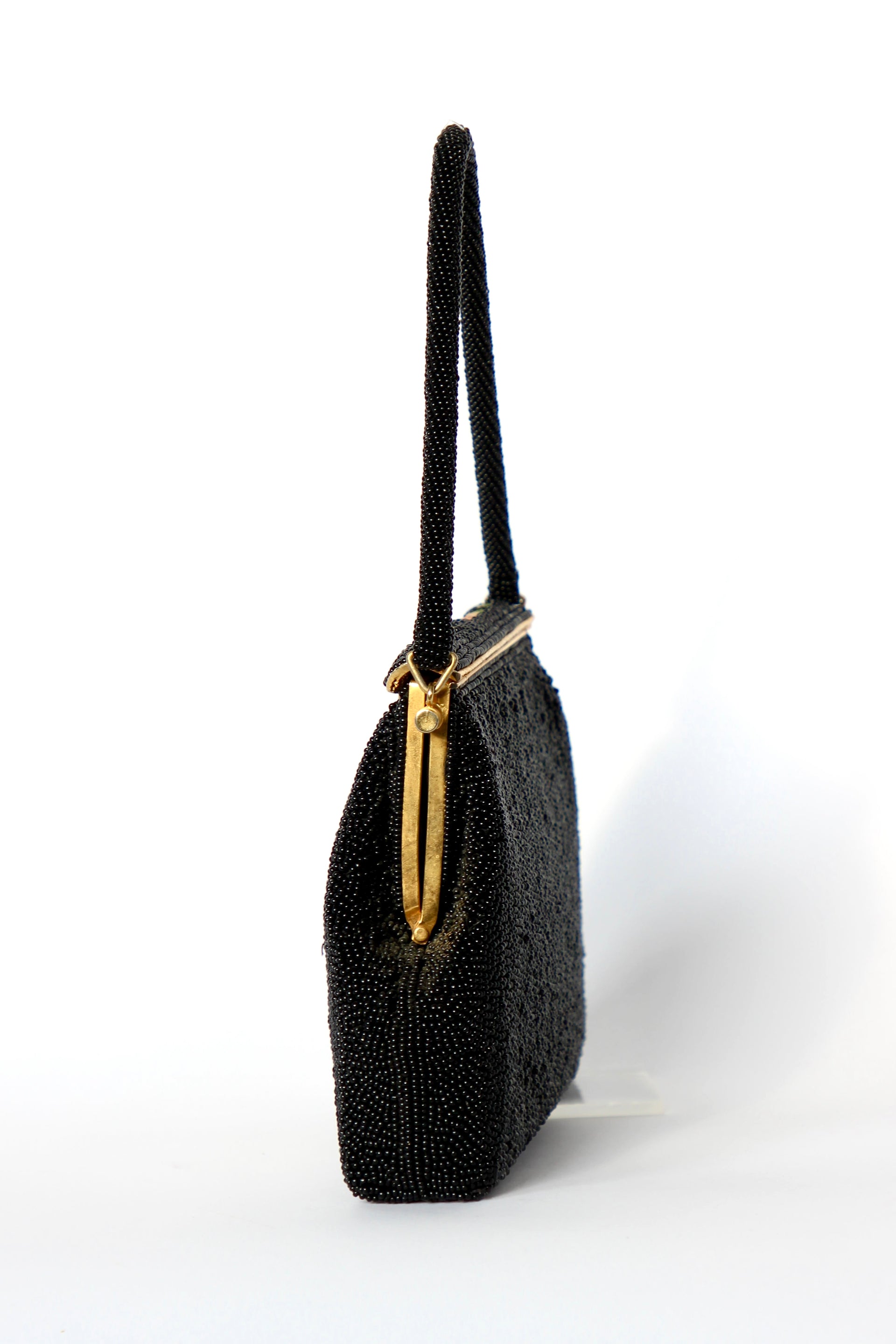 1940s 1950s Vintage Black Beaded & Floral Petit Point Evening Bag