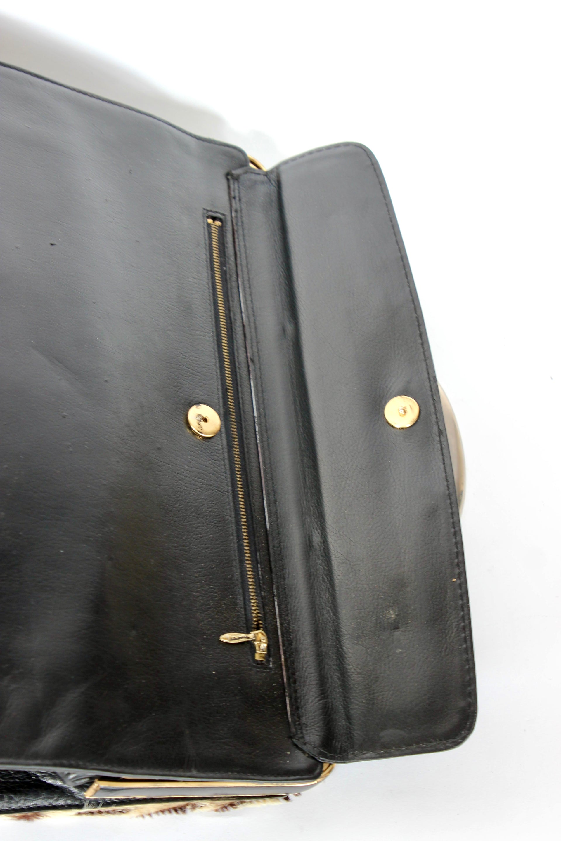1960s Vintage Bon Goût Black Leather Top Handle Bag with Zebra Pattern Fur