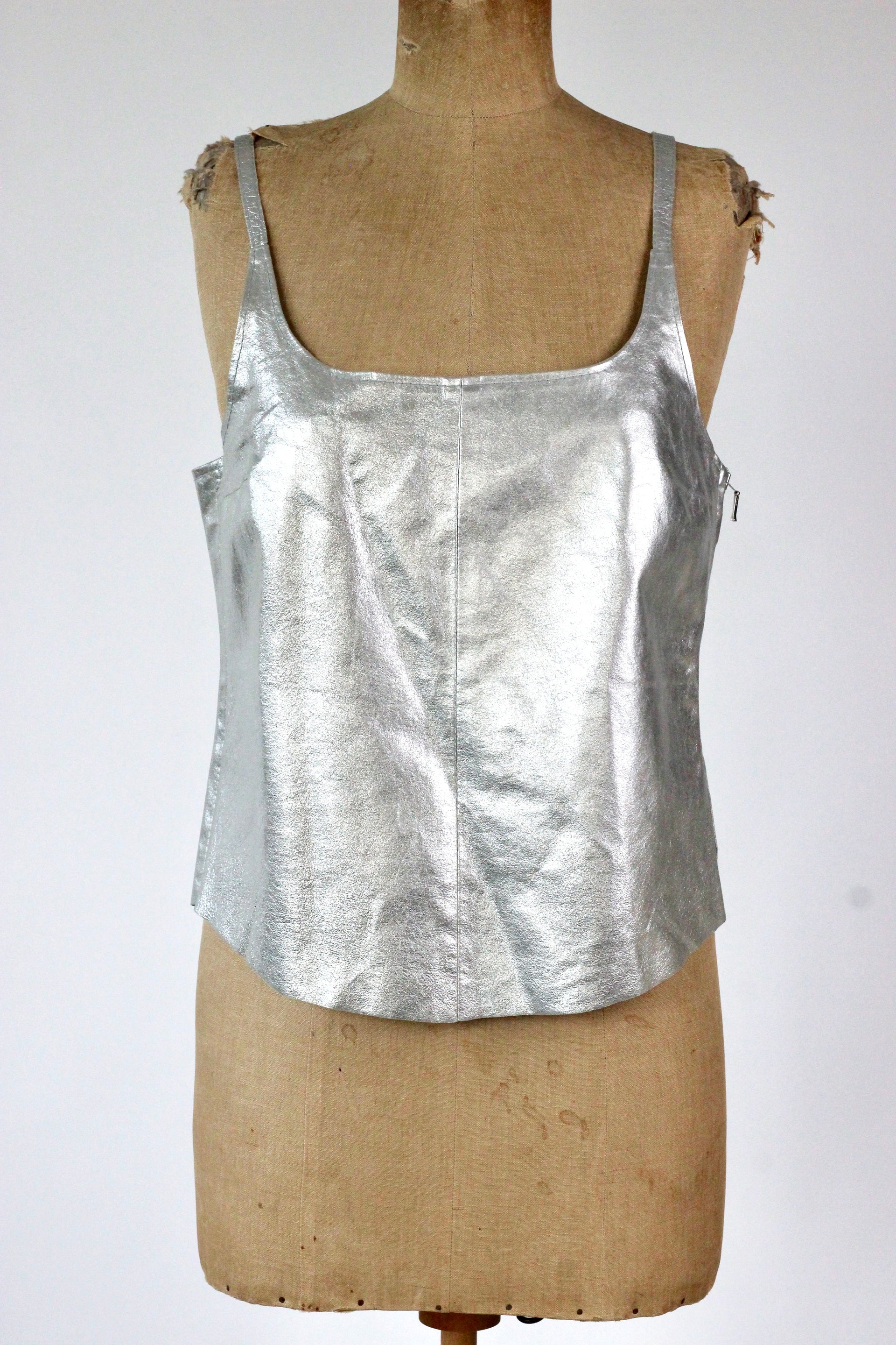 1990s Vintage Leather Silver Top//Size L