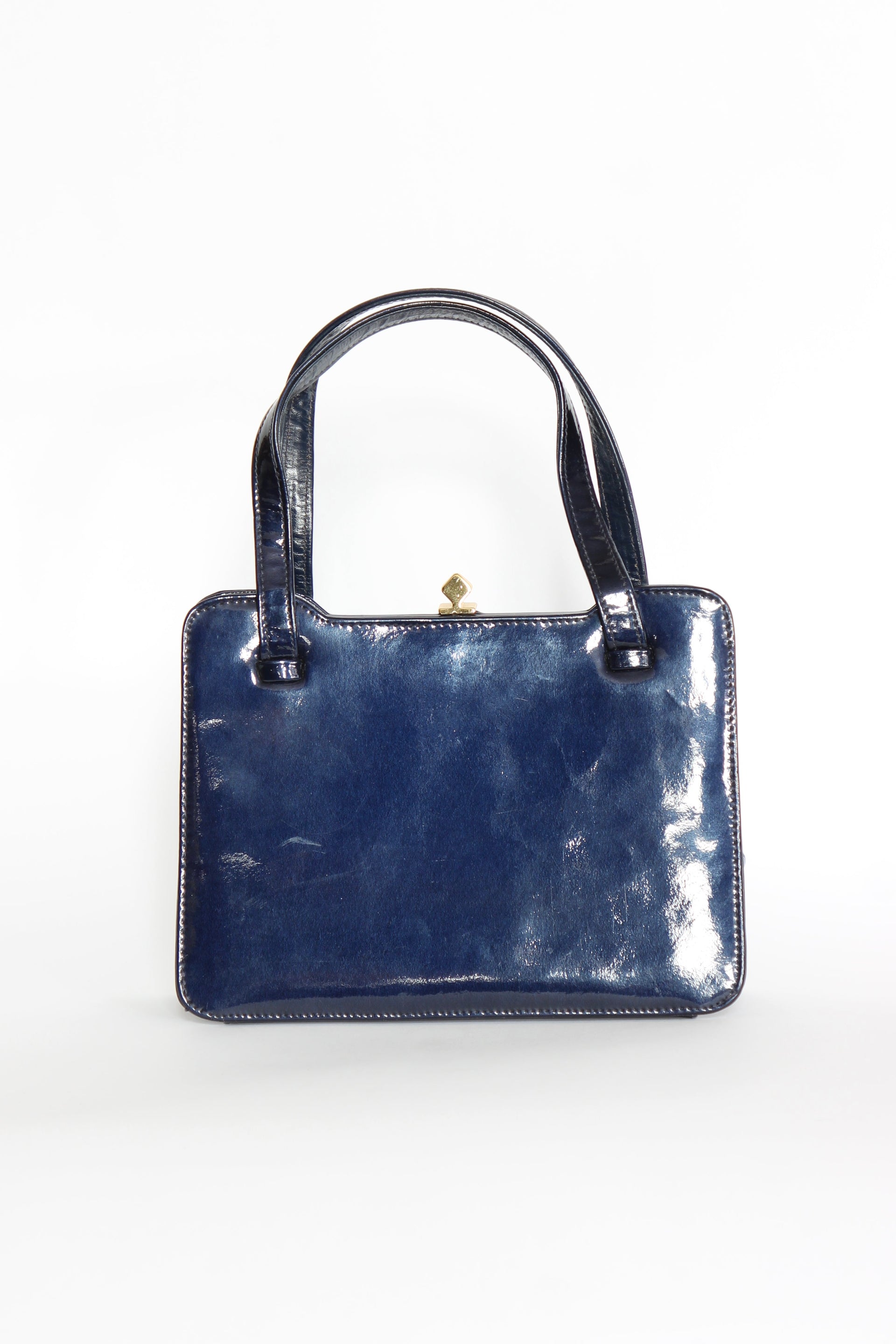 1950s 1960s Vintage Navy Blue Patent Leather Top Handle Bag/Purse