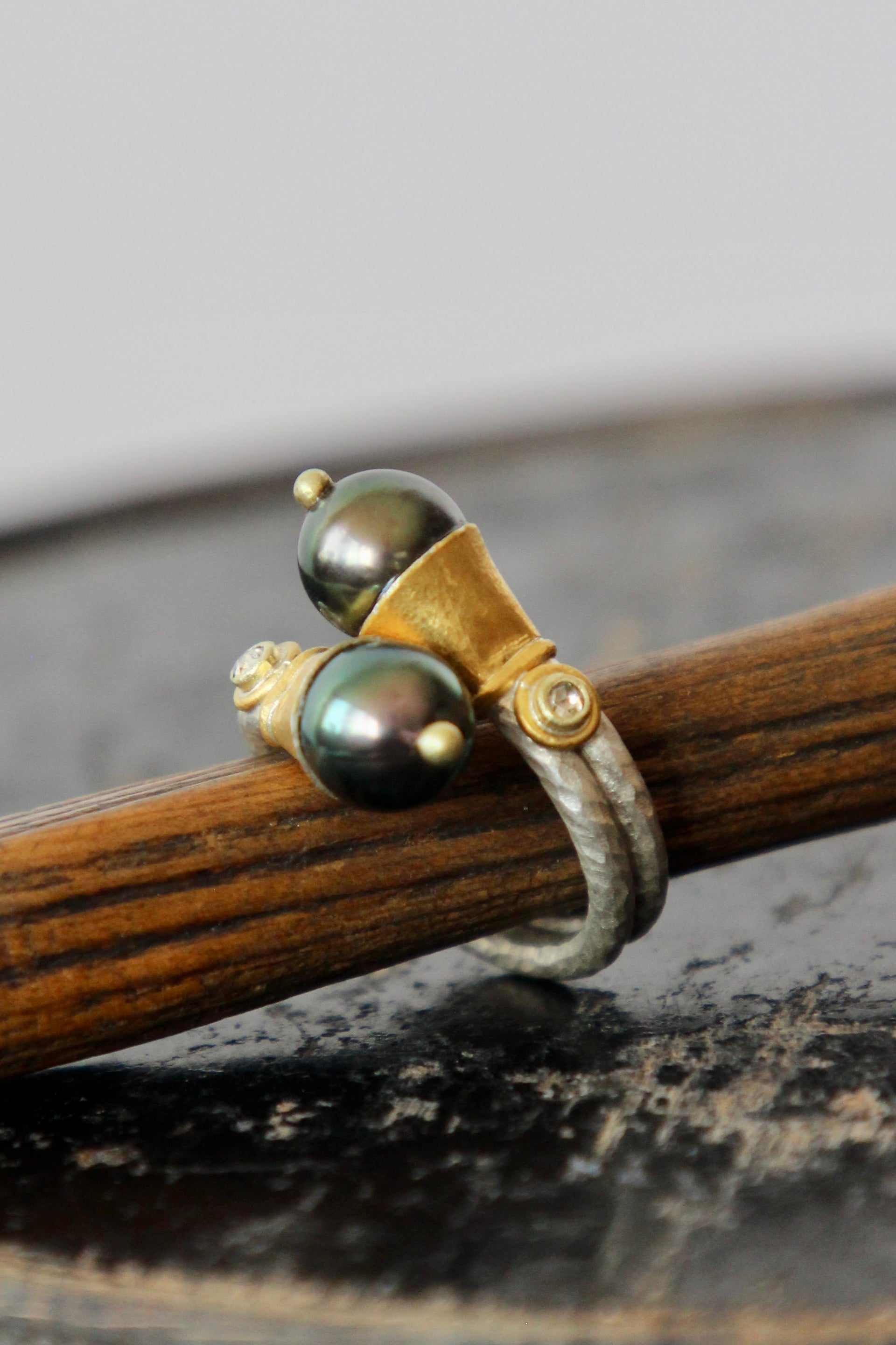 T1090 Handmade Tahitian Black Pearls and Diamonds / Crossover Ring / Poppy Dandiya / Hammered Sterling Silver / 24K Filled Gold / Matte Silver