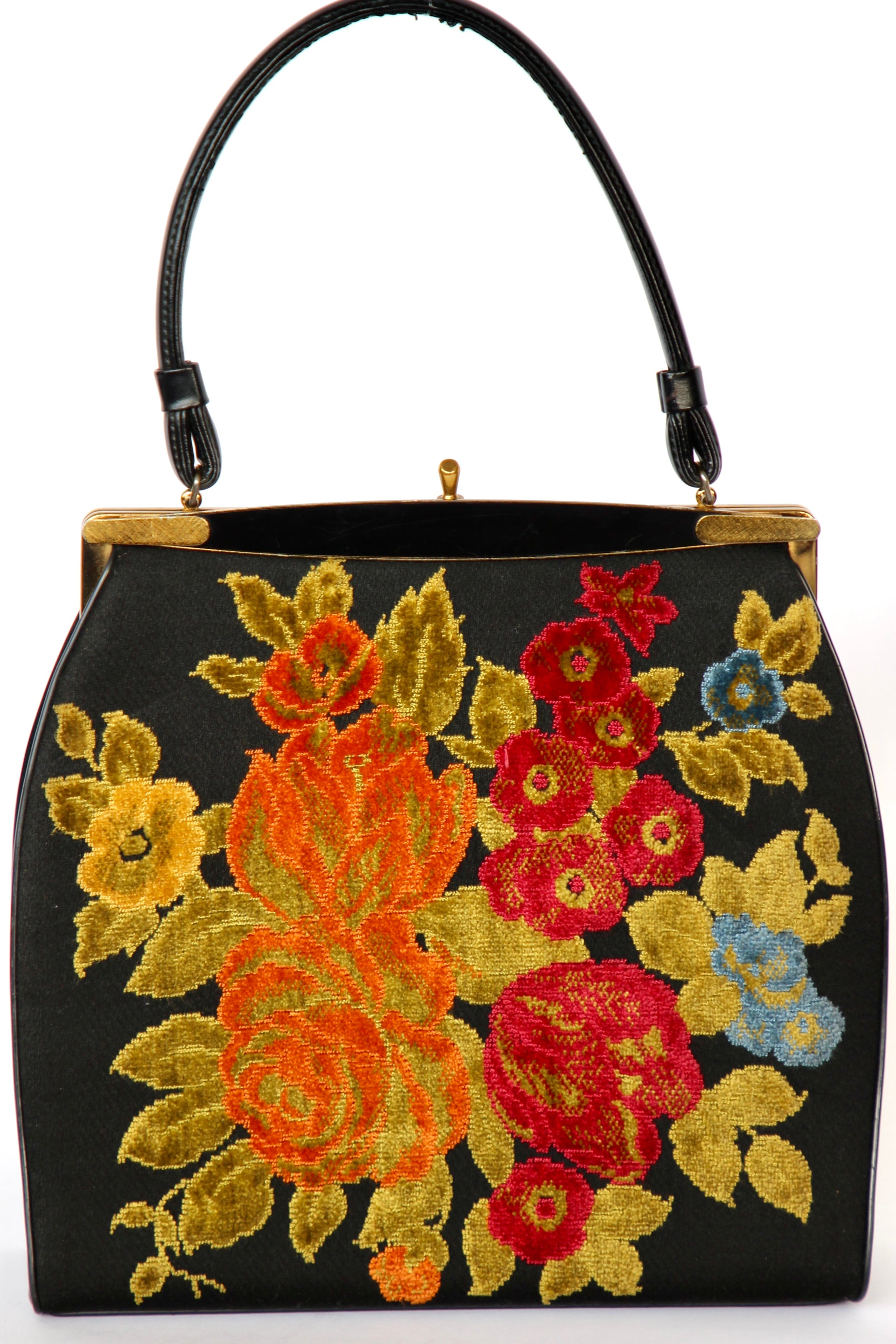 1940s 1950s Vintage Large Black Embroidered Top Handle Bag