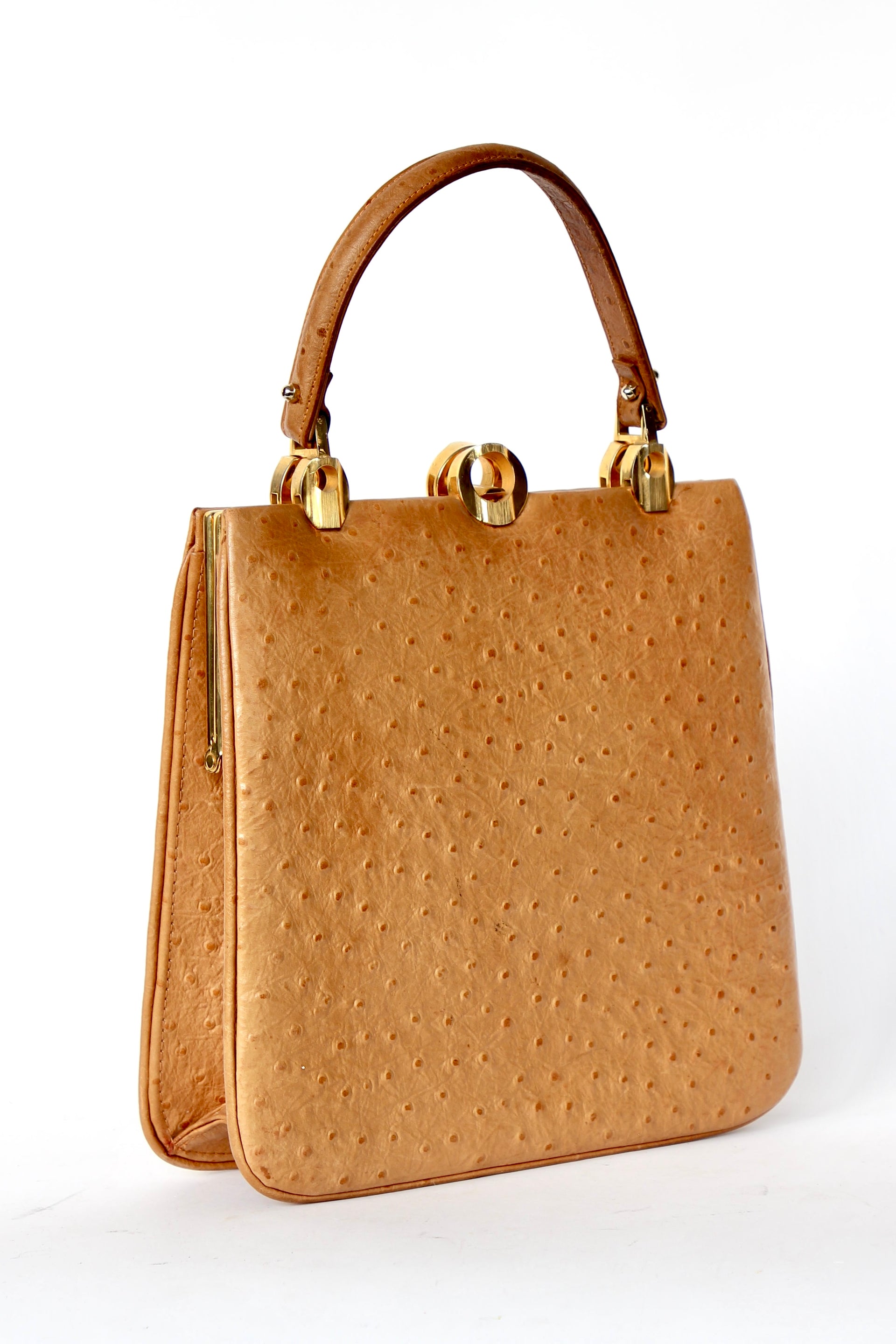 1940s Vintage Brown Ostrich Leather Top Handle Bag/Purse