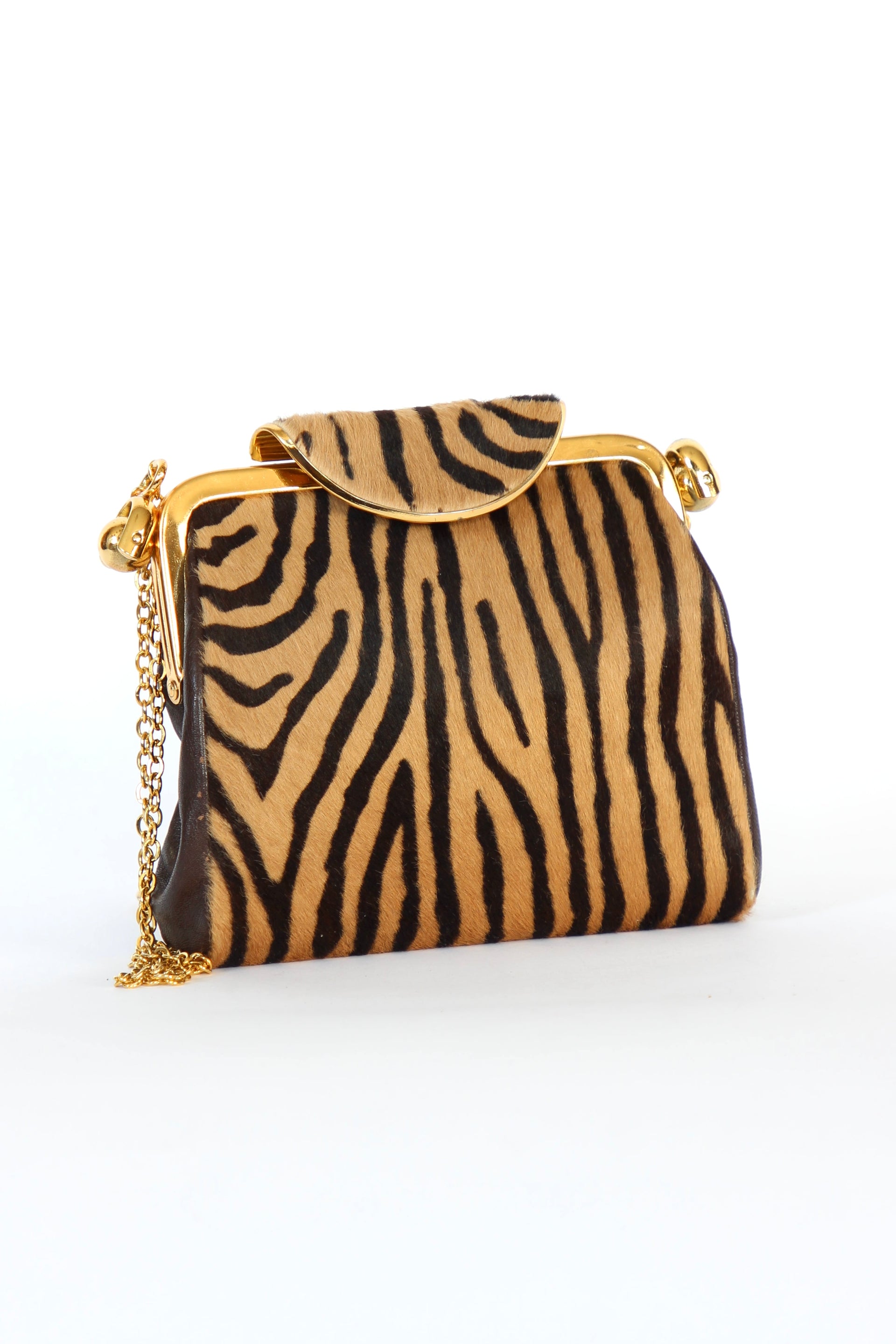 1960s Vintage Shoulder Bag with Zebra Pattern Fur and Brown Leather