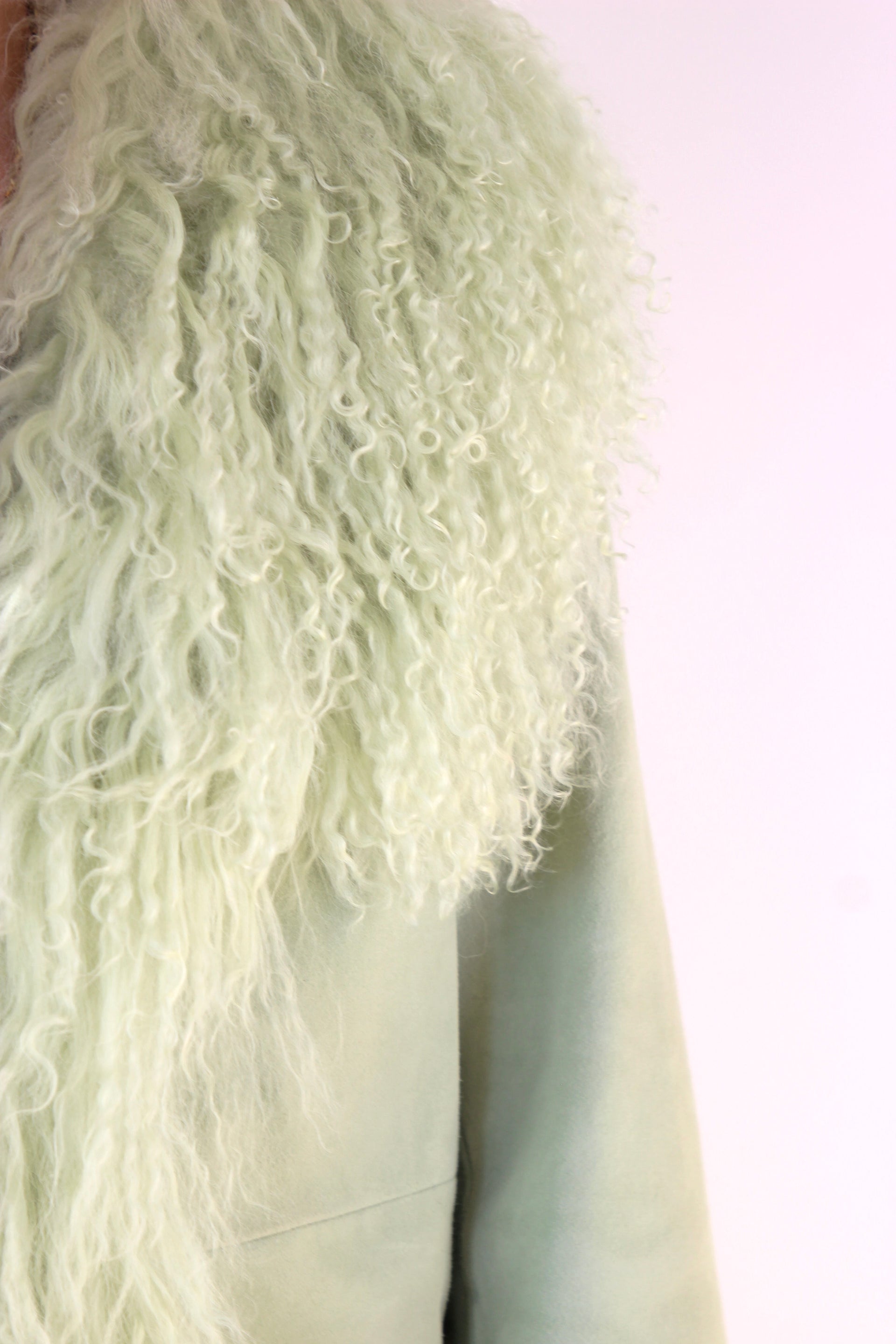 Mint Green Suede Leather Coat with Mongolian Sheep Fur