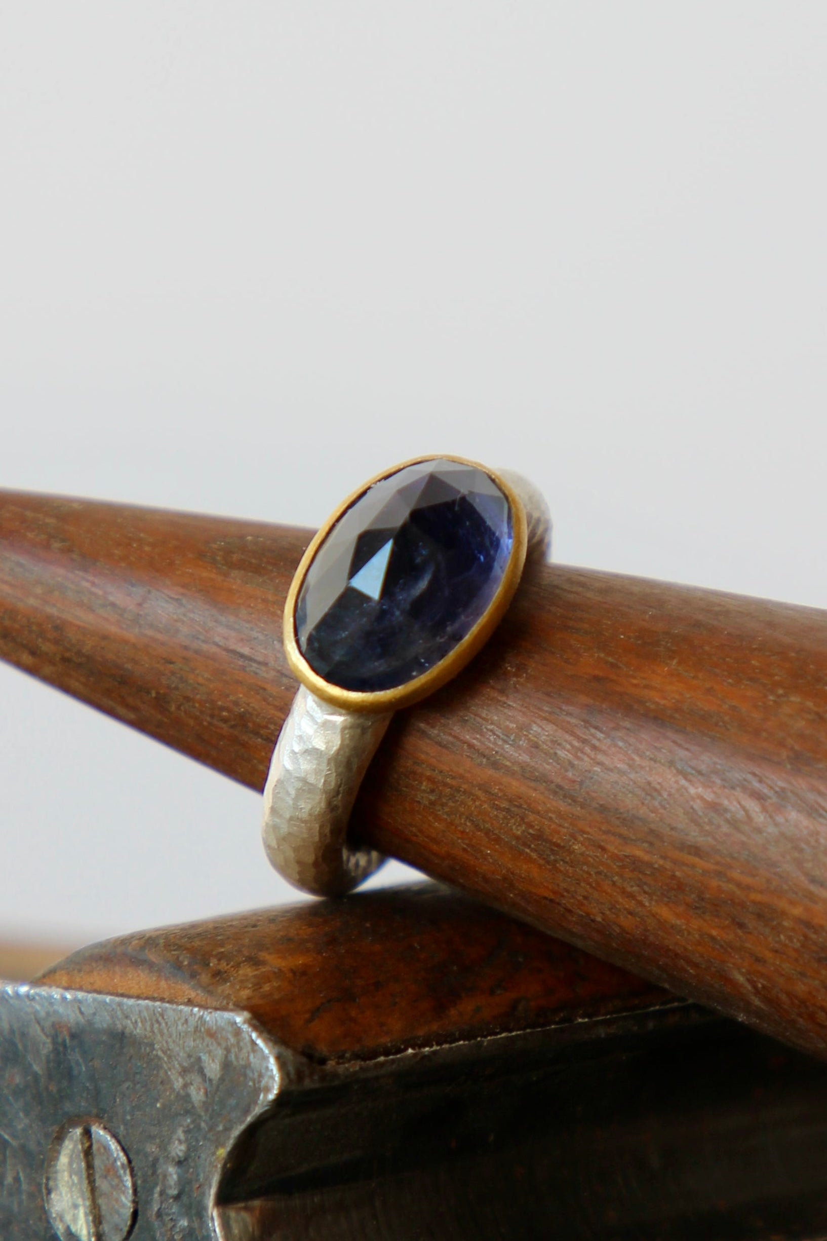 Handmade Iolite Cup Ring // Poppy Dandiya Ring // Hammered Sterling Silver // 24K Filled Gold // Size 55