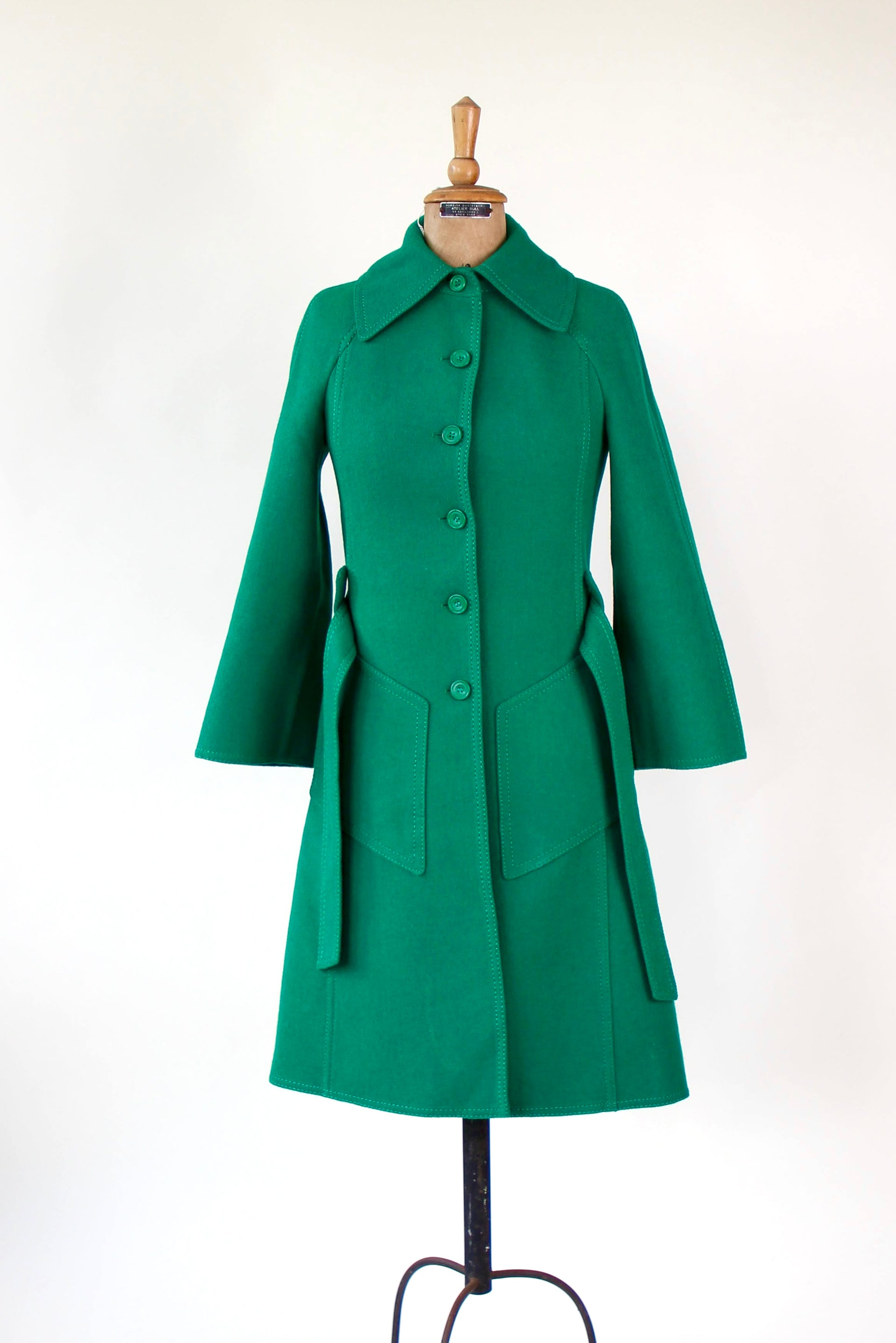 1970s Vintage Designer Green Wool Mod/Trench Coat // Size M