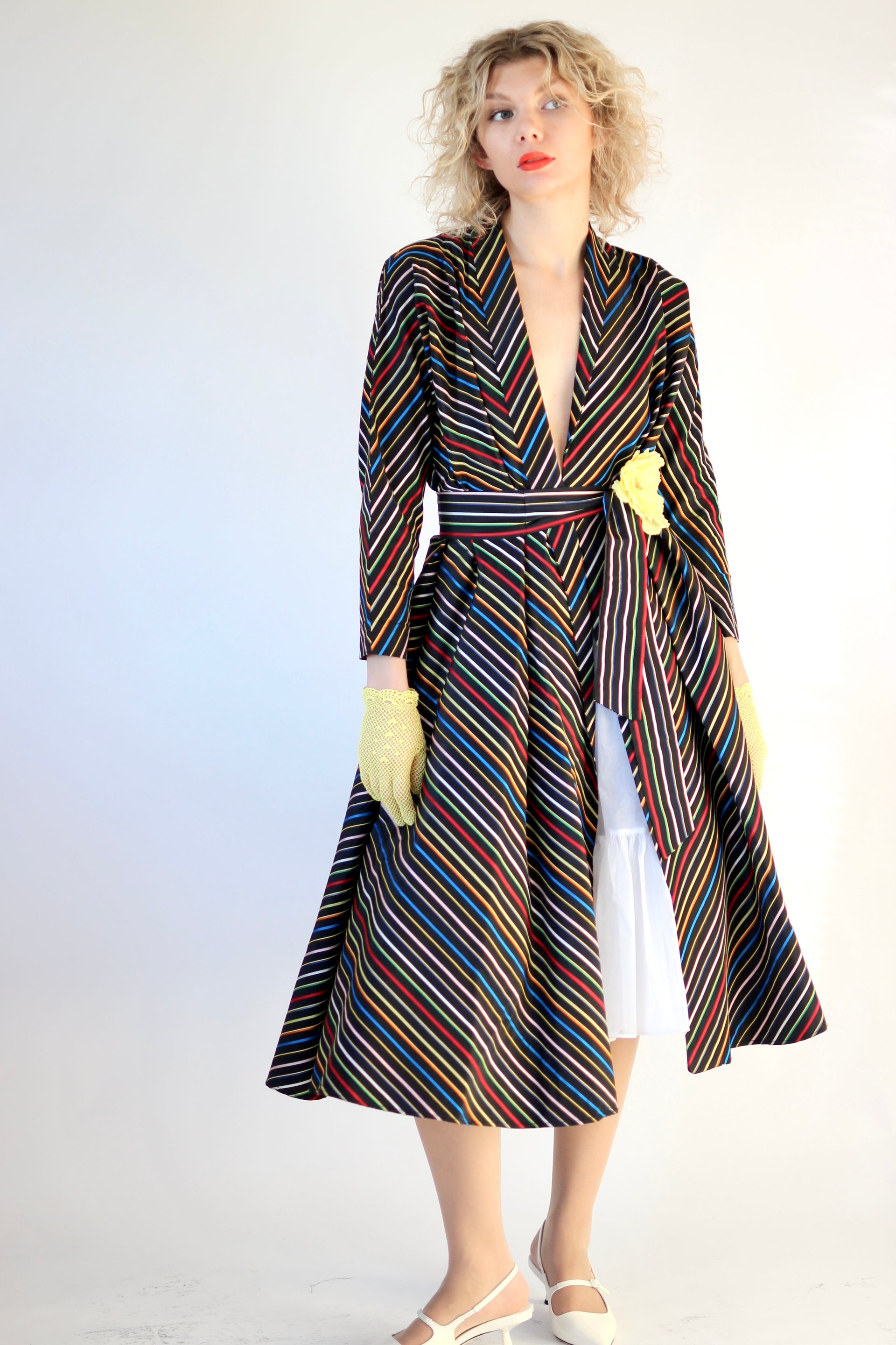 1940s Vintage Black Rainbow Striped Wrap Shirt Dress//Size S-L