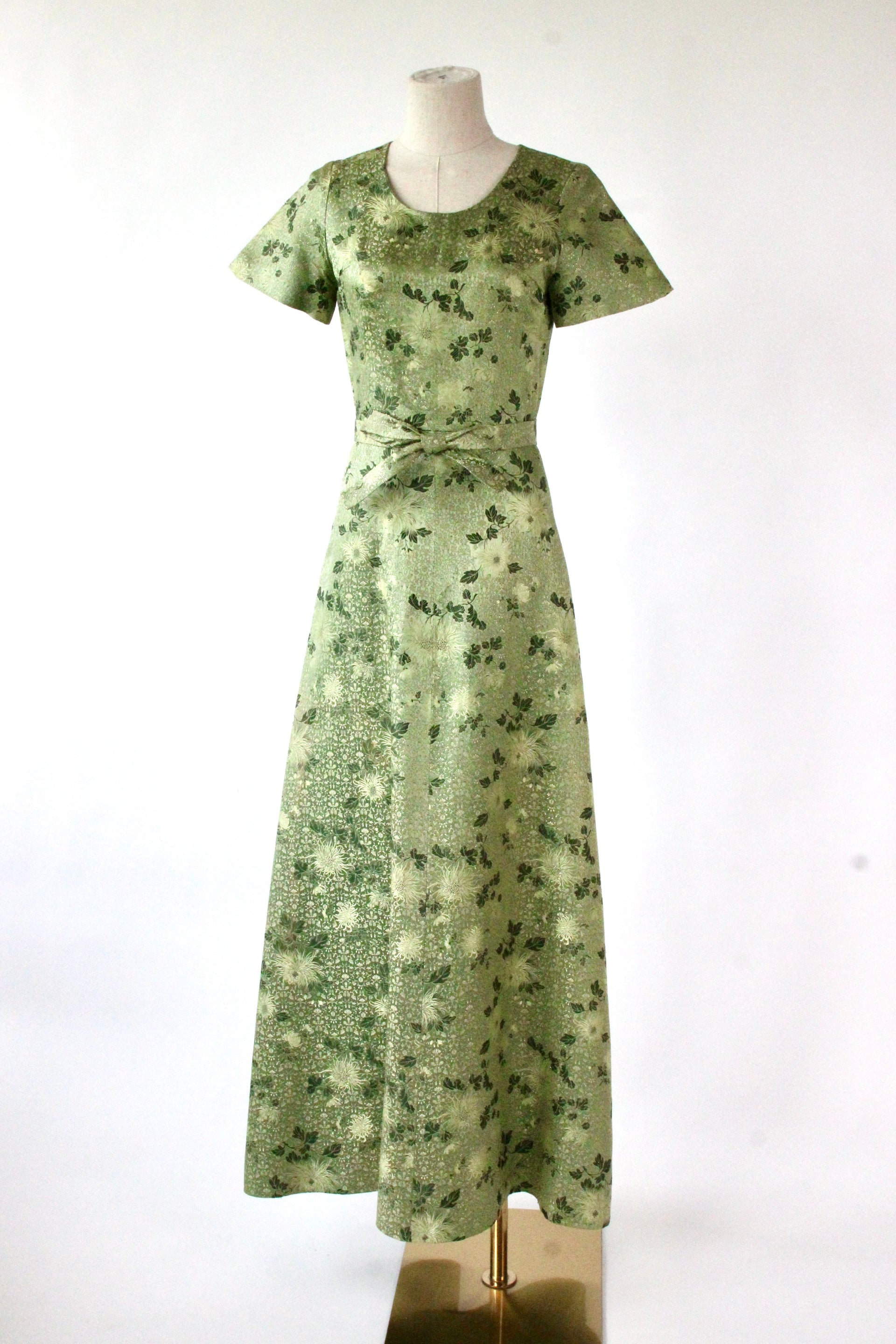 1950s 1960s Green/Gold Evening Gown with Chinese Inspired Pattern//Size XS/S