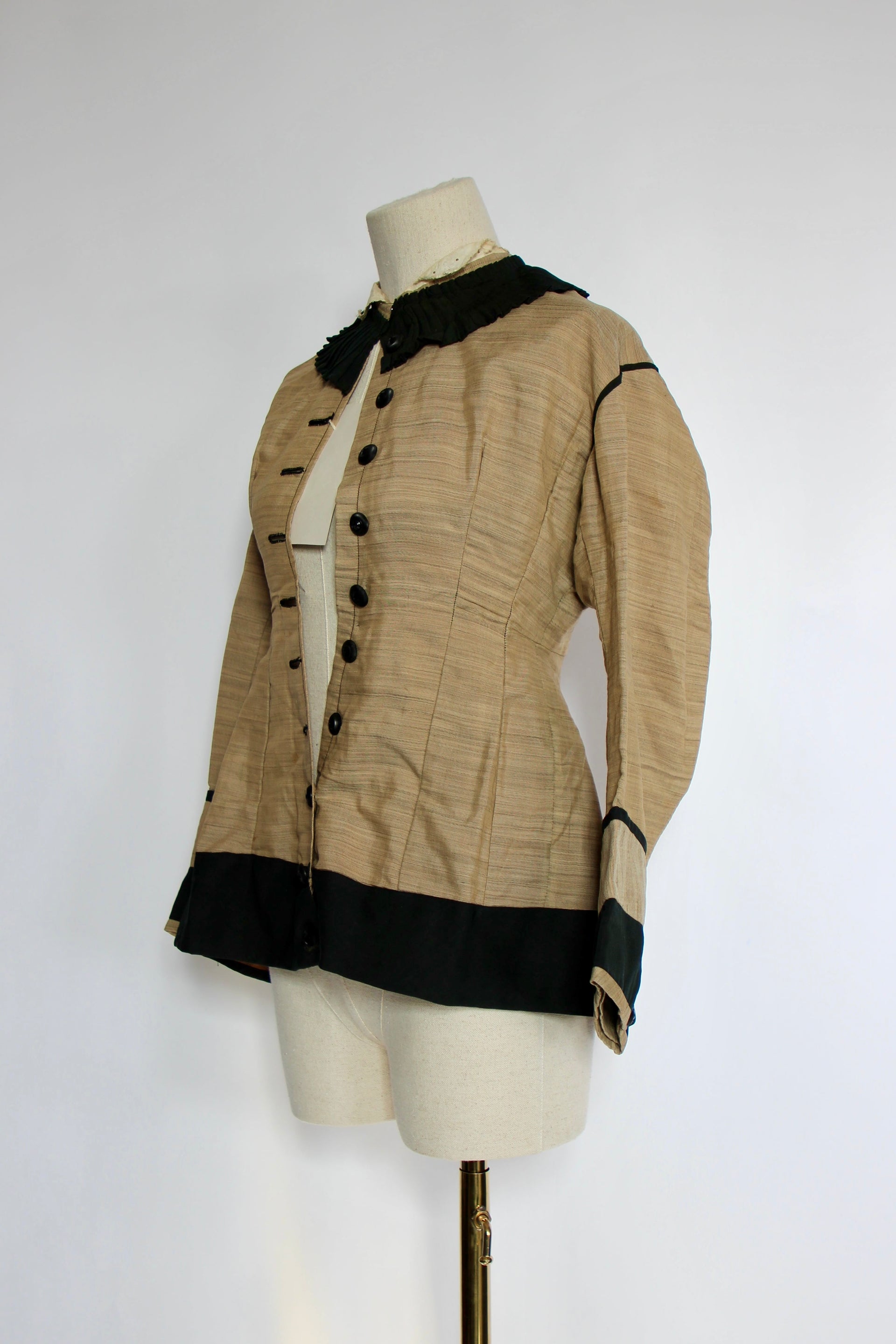 1879s Antique Victorian Beige Jacket with Black Collar and Cuffs Owned by Karin Strandberg, Sweden.