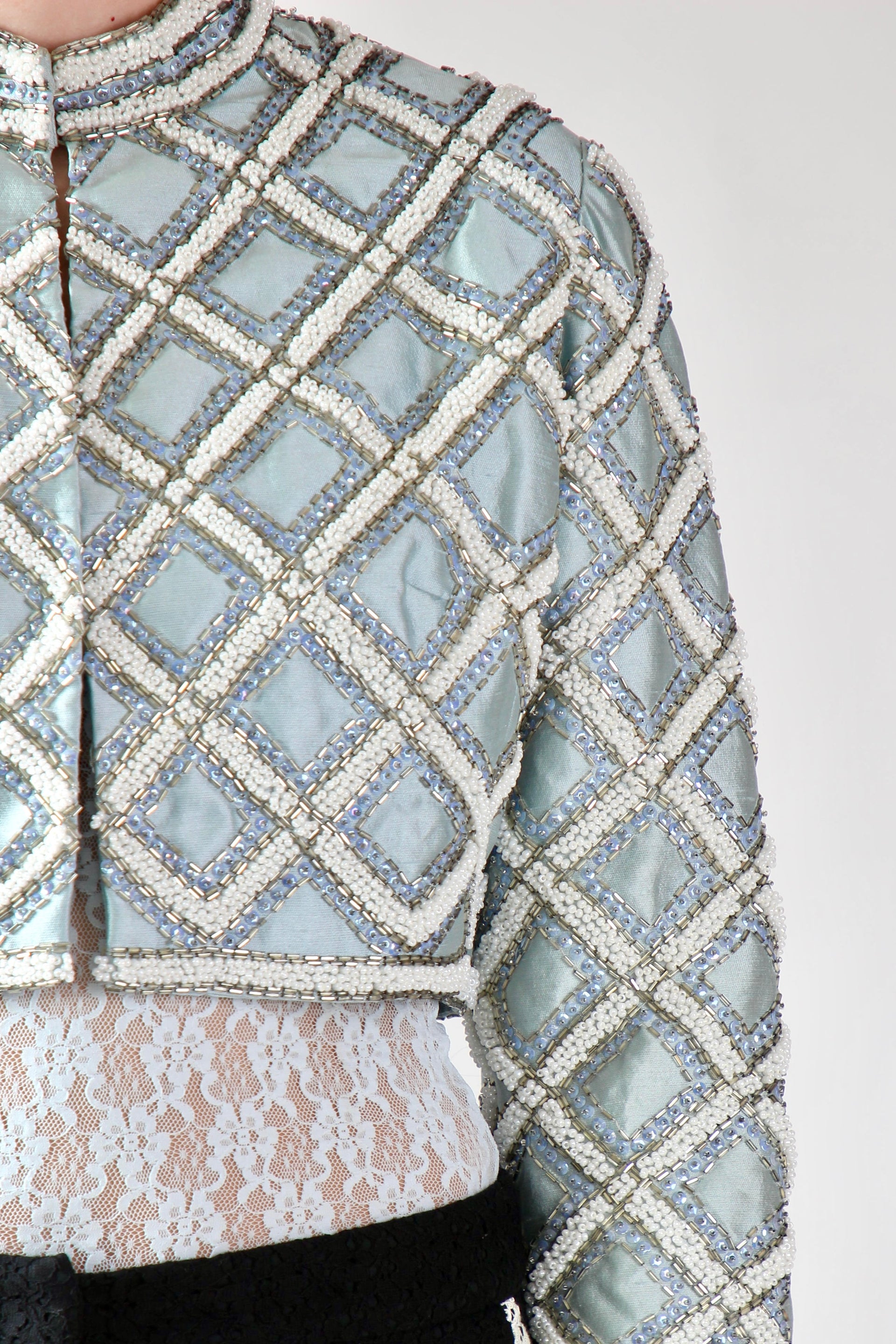 1950s 1960s Vintage Ice Blue Beaded Cropped Jacket/Bolero // Size S/M