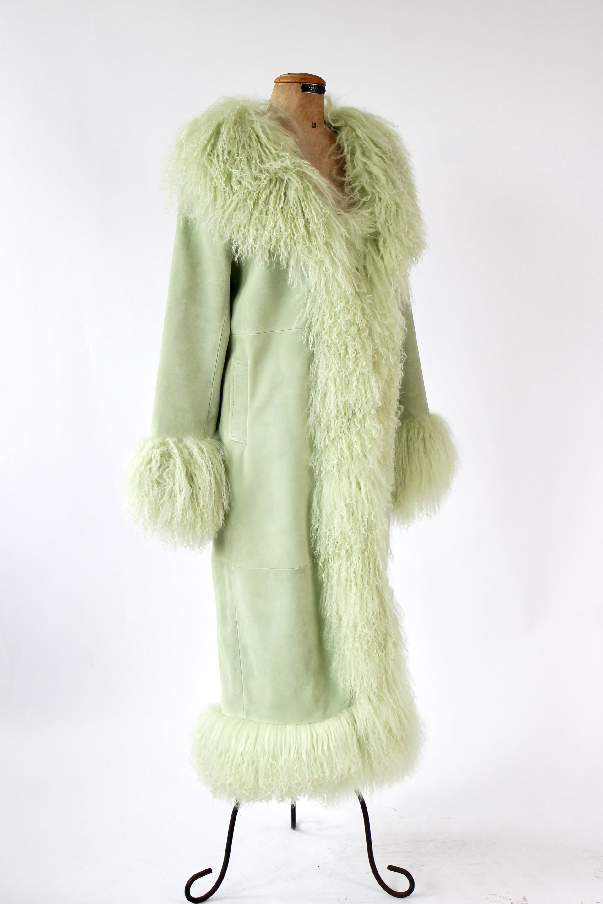 Mint Green Suede Leather Coat with Mongolian Sheep Fur
