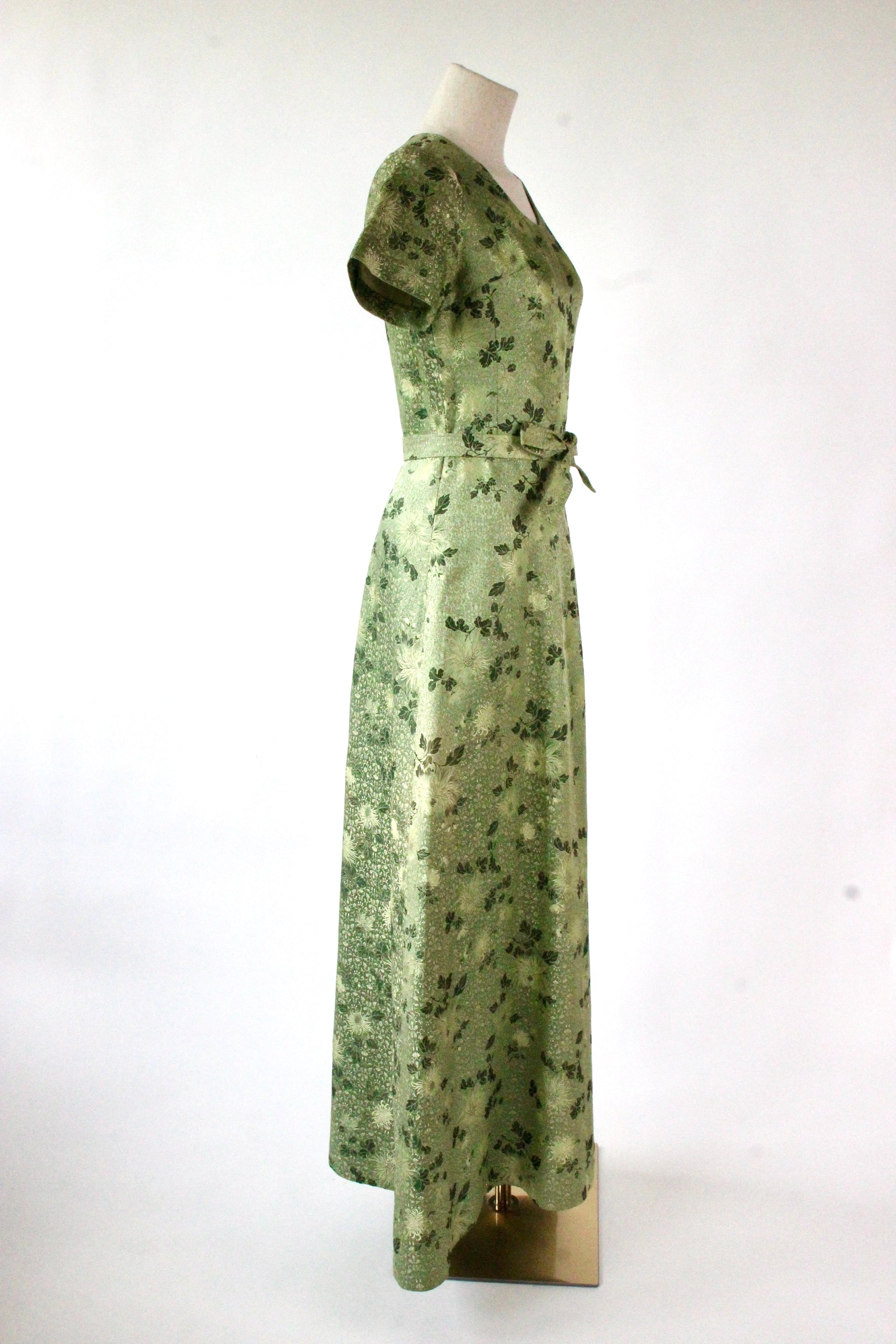 1950s 1960s Green/Gold Evening Gown with Chinese Inspired Pattern//Size XS/S