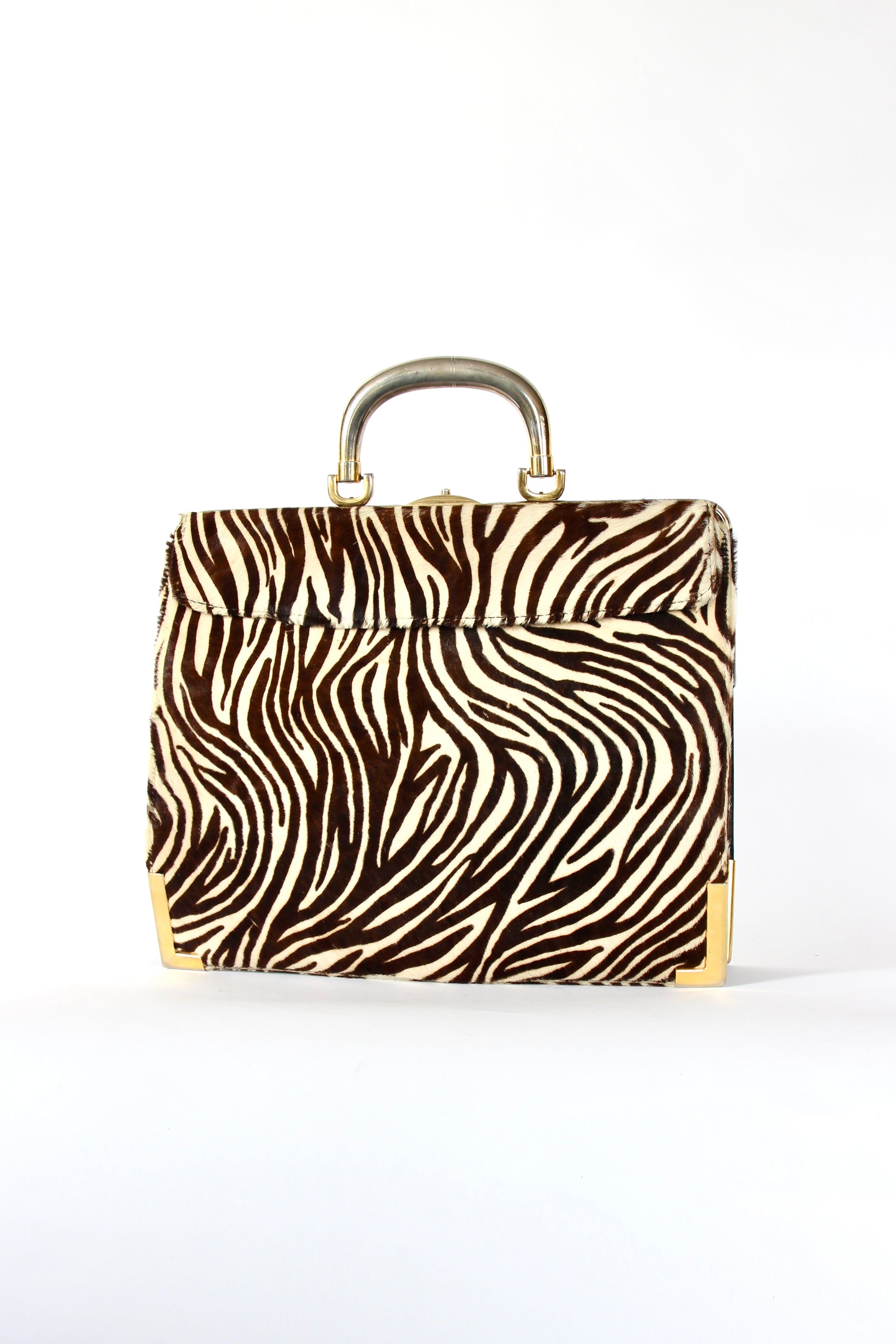 1960s Vintage Bon Goût Black Leather Top Handle Bag with Zebra Pattern Fur