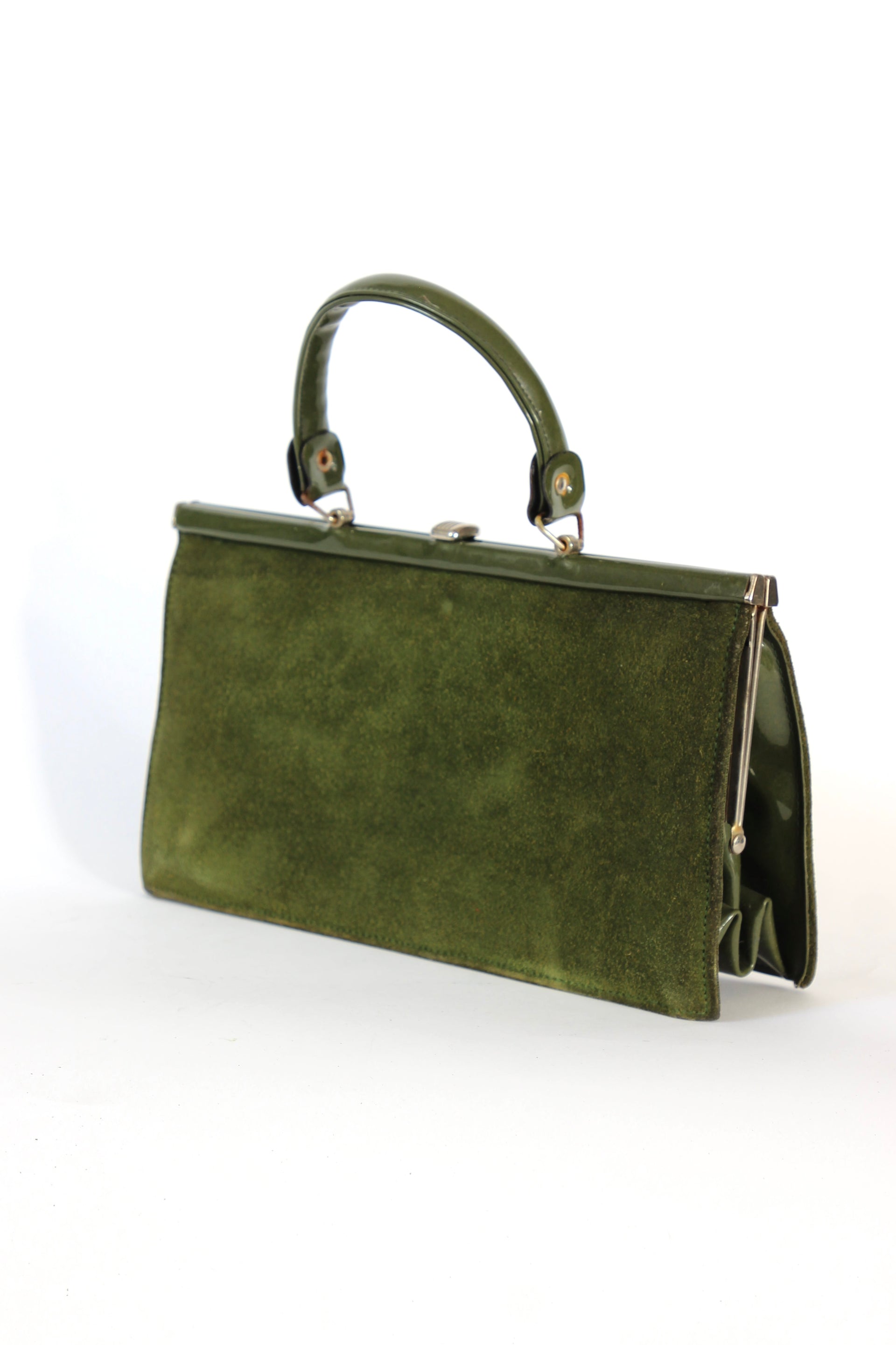 1960s Vintage Green Suede and Vinyl Top Handle Bag