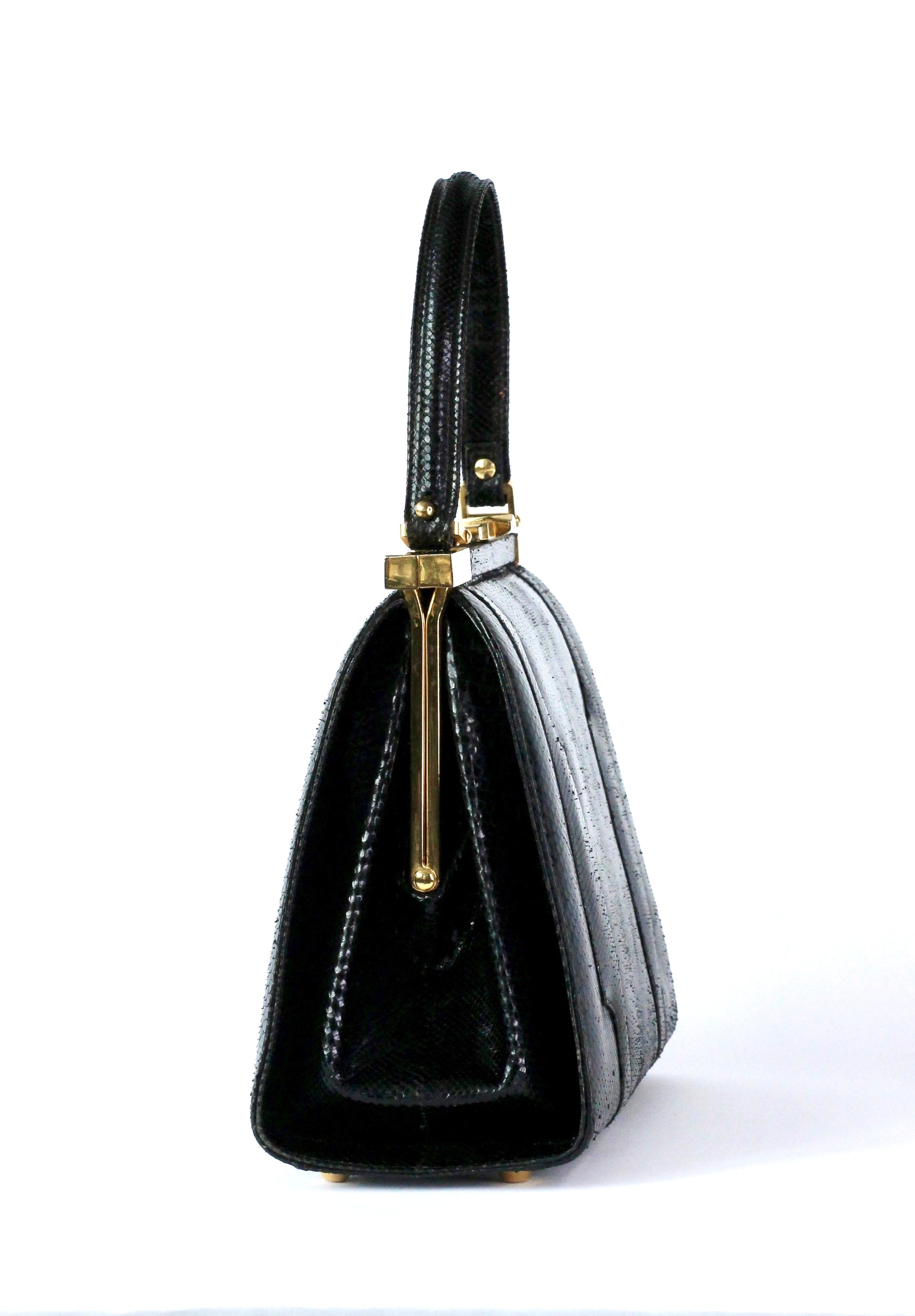1950s Vintage Black Leather Top Handle Bag