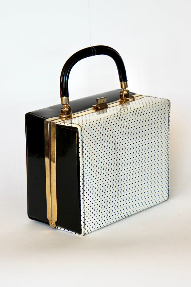 1950s  1960s Vintage Black and White Vinyl Top Handle Bag/Purse with Golden Closure