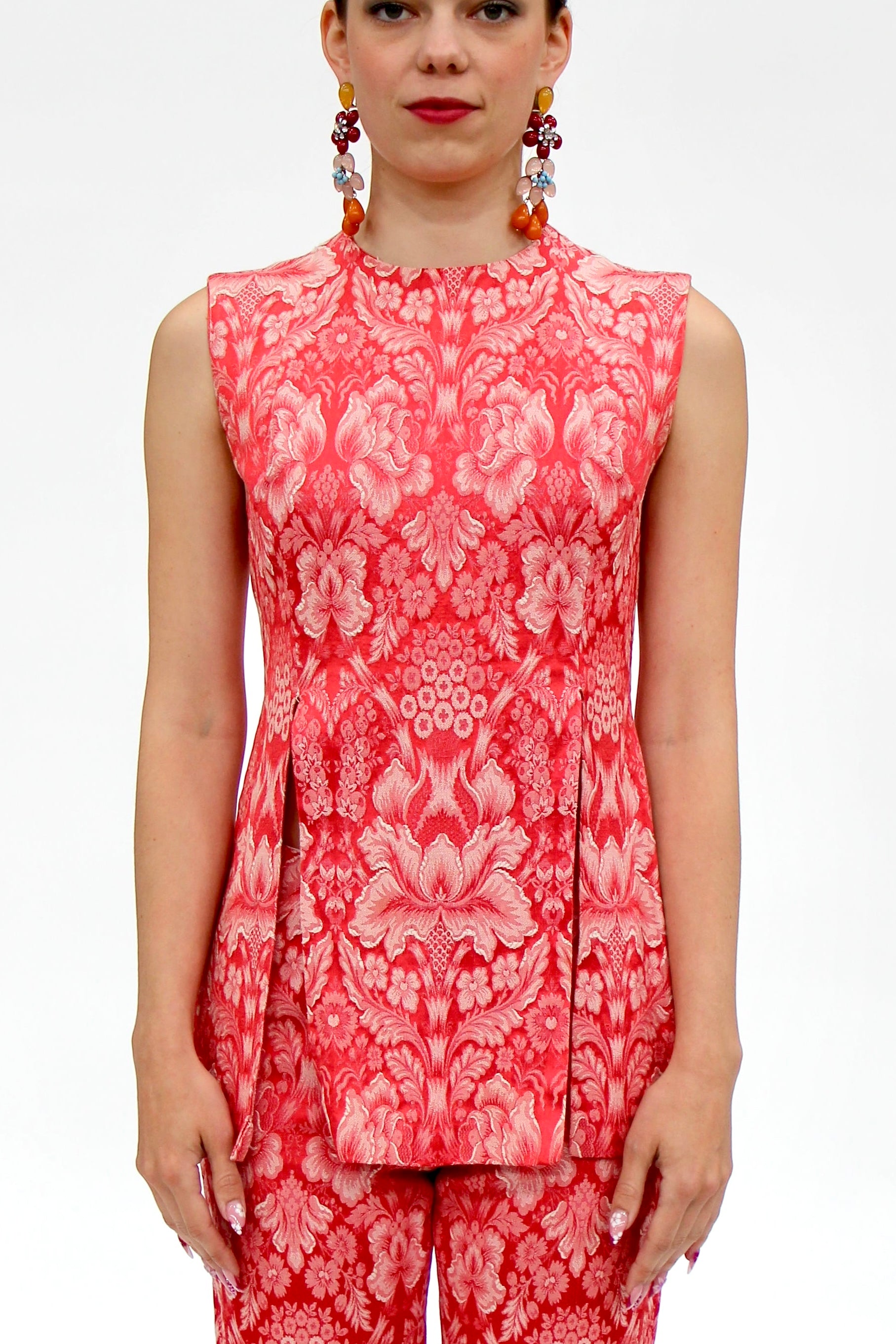 1950s Vintage Red and White Brocade Pantsuit // Size XS