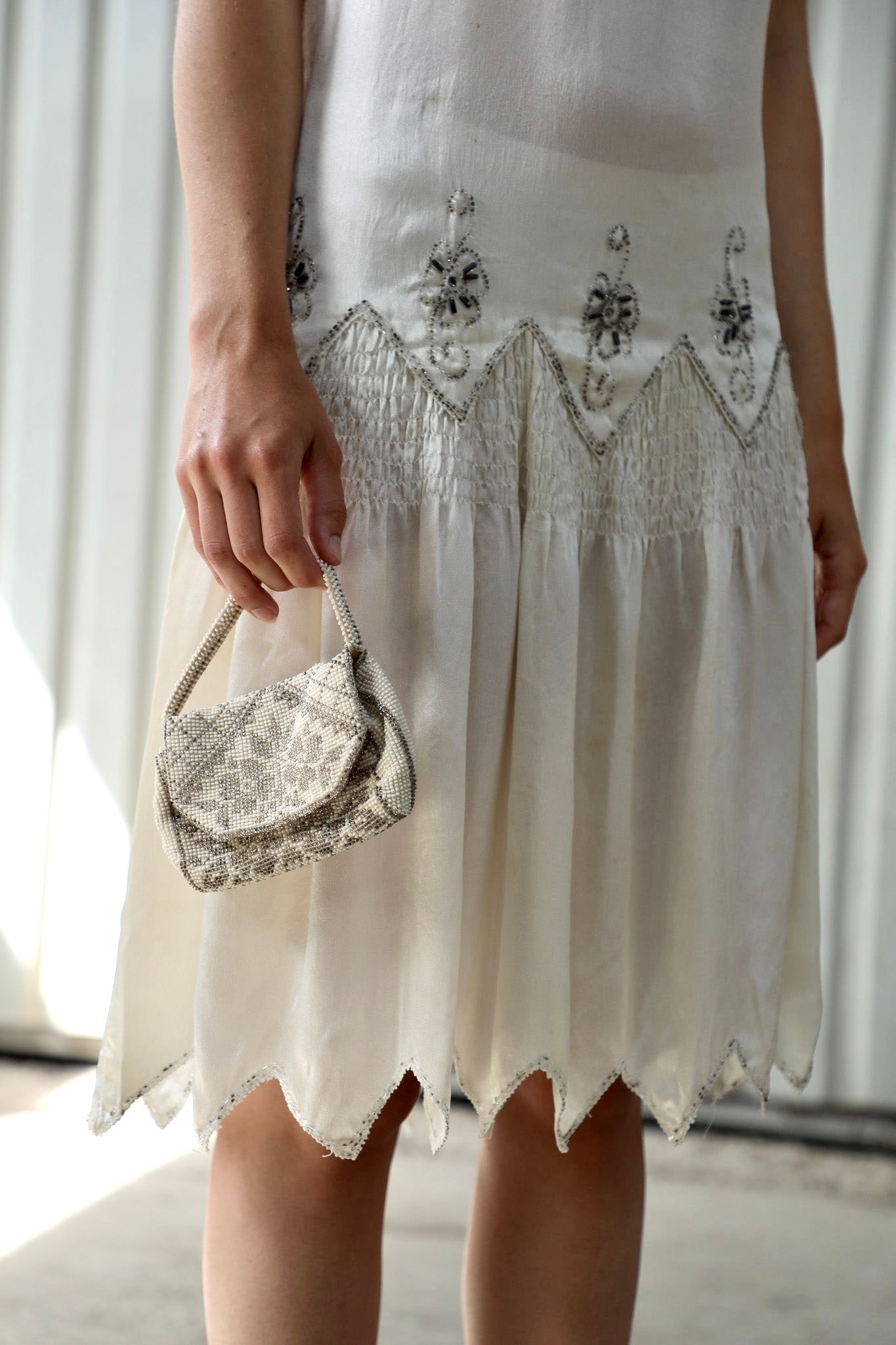 1920s White Silk Dress with Glass Beads and Rhinestones