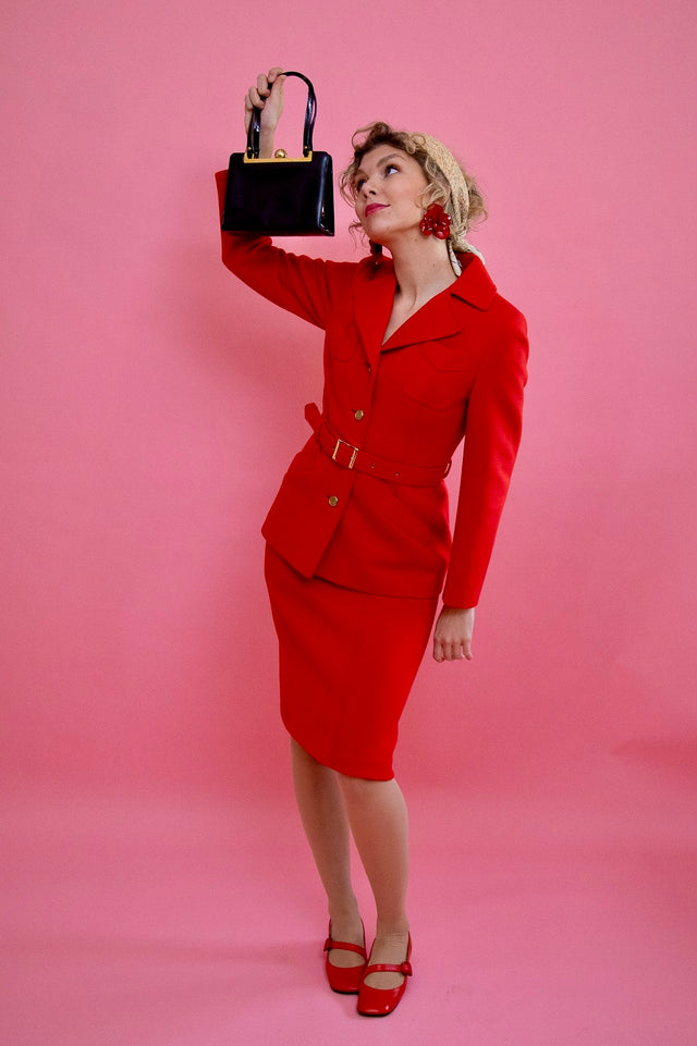 1960s 1970s Vintage Bright Red Wool Skirt Suit // Size S