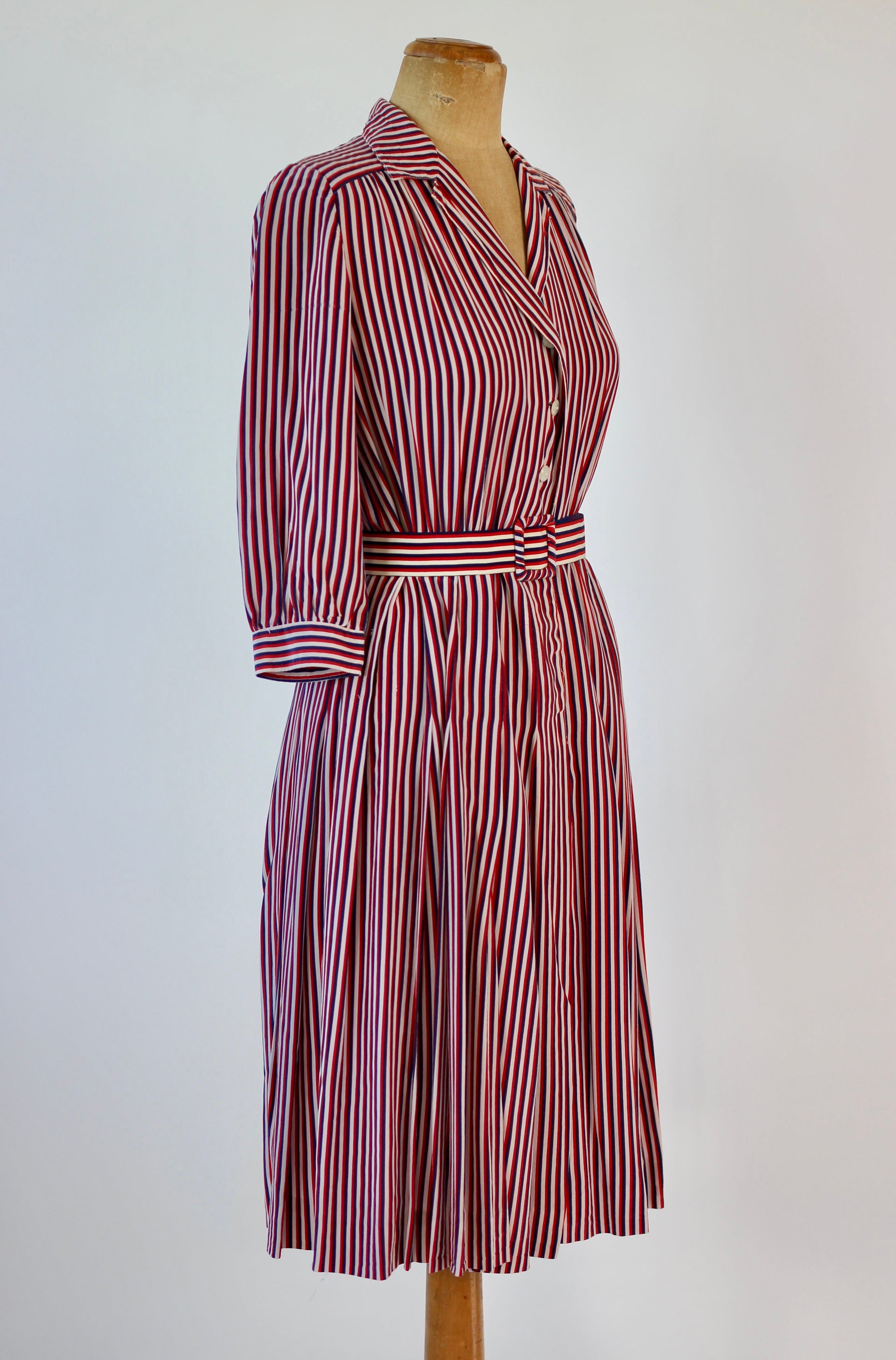 1940s Striped Silk Dress in Red, White and Blue // Size M