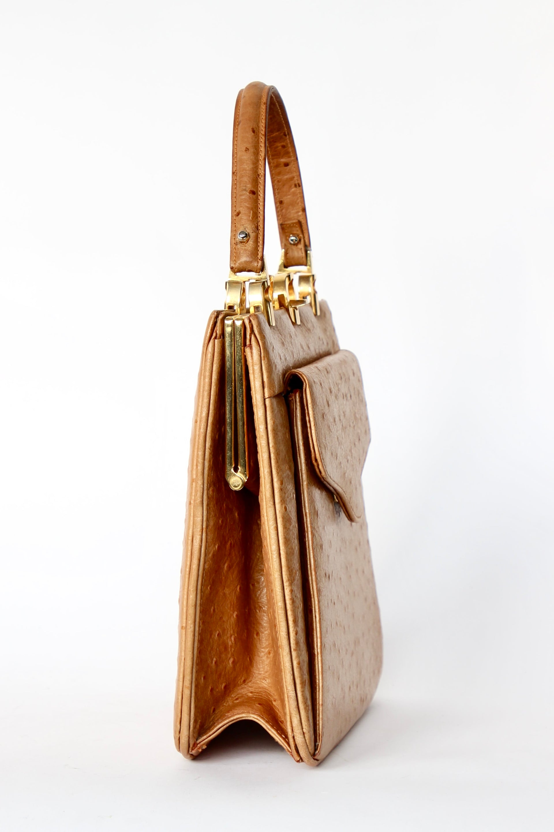 1940s Vintage Brown Ostrich Leather Top Handle Bag/Purse