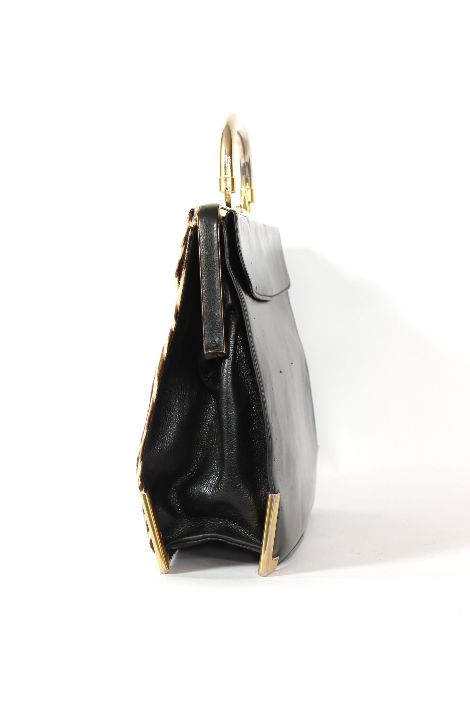 1960s Vintage Bon Goût Black Leather Top Handle Bag with Zebra Pattern Fur