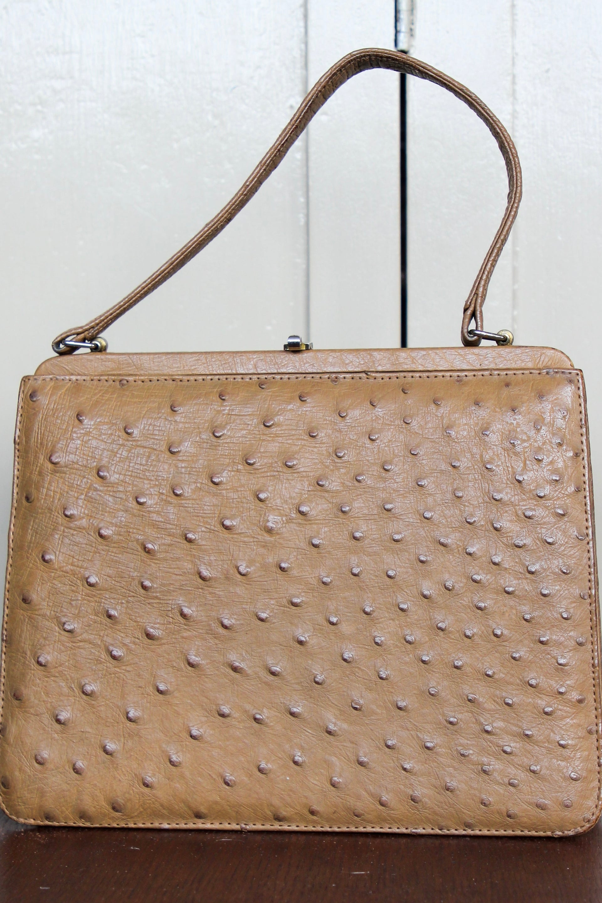 1950s 1960s Vintage Brown Ostrich Leather Top Handle Bag/Purse