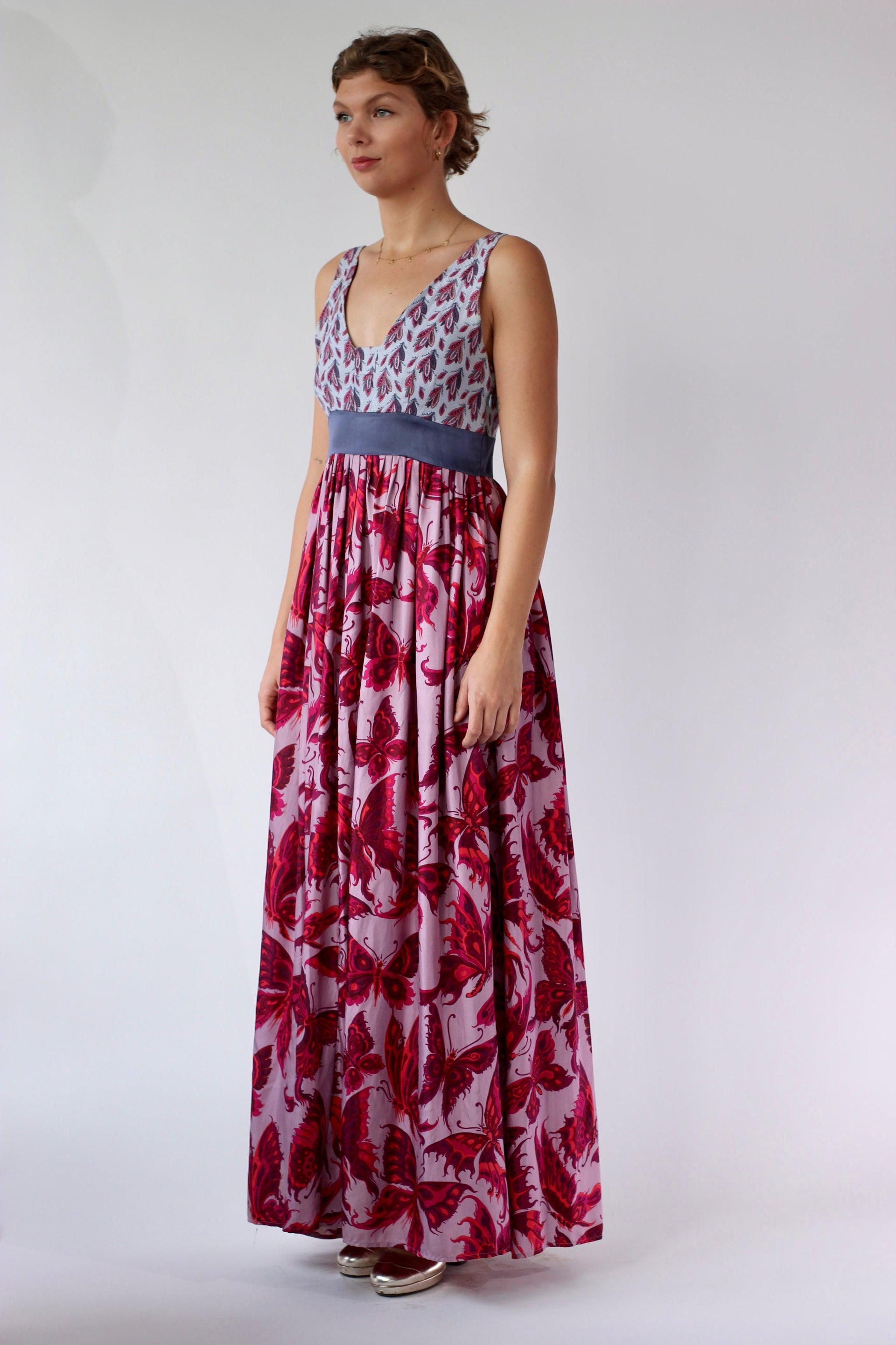 Y2K Purple Silk Maxi Silk Dress//Butterfly Print//Danish Design//Size L/XL