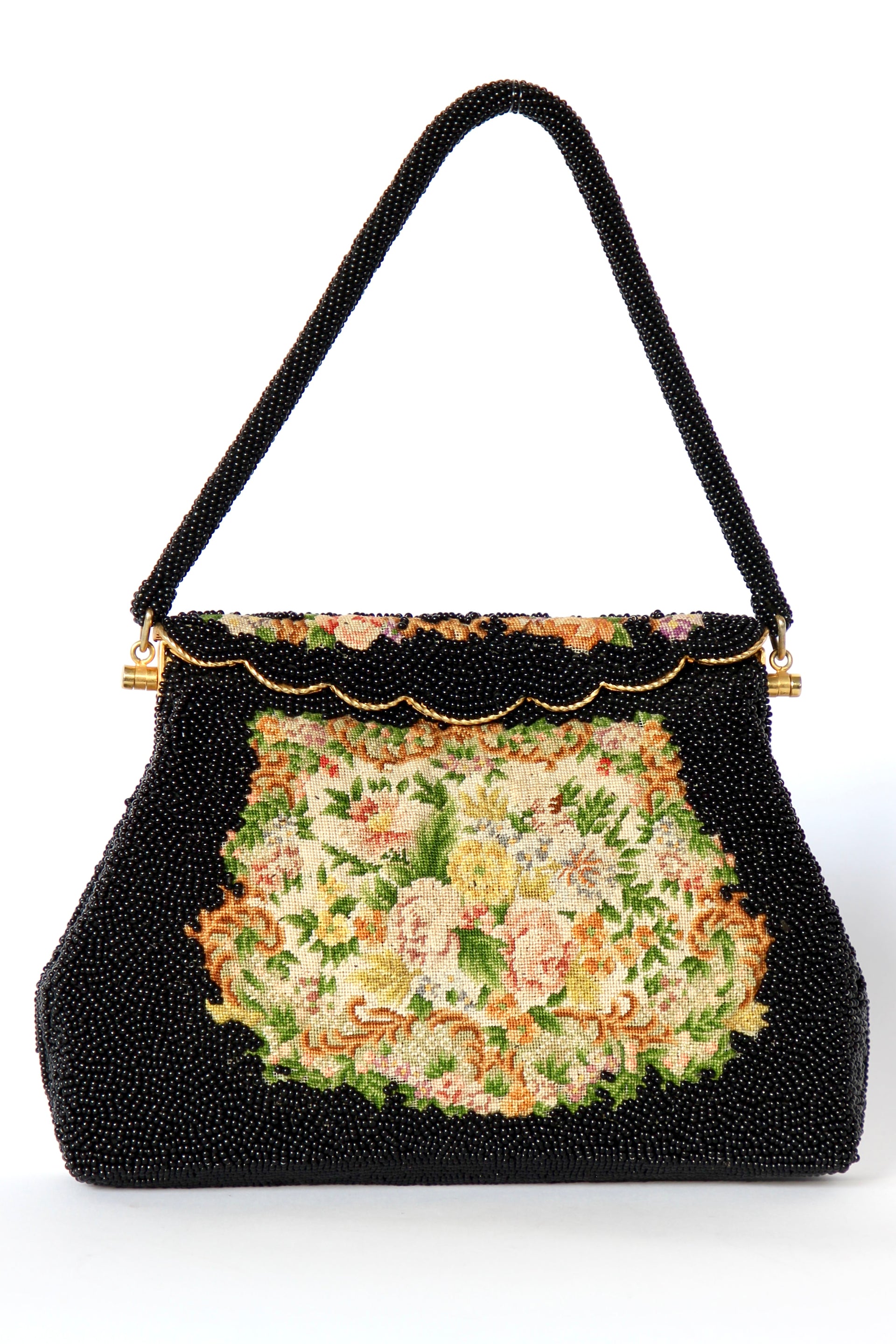 1940s 1950s Vintage Black Beaded & Floral Petit Point Evening Bag