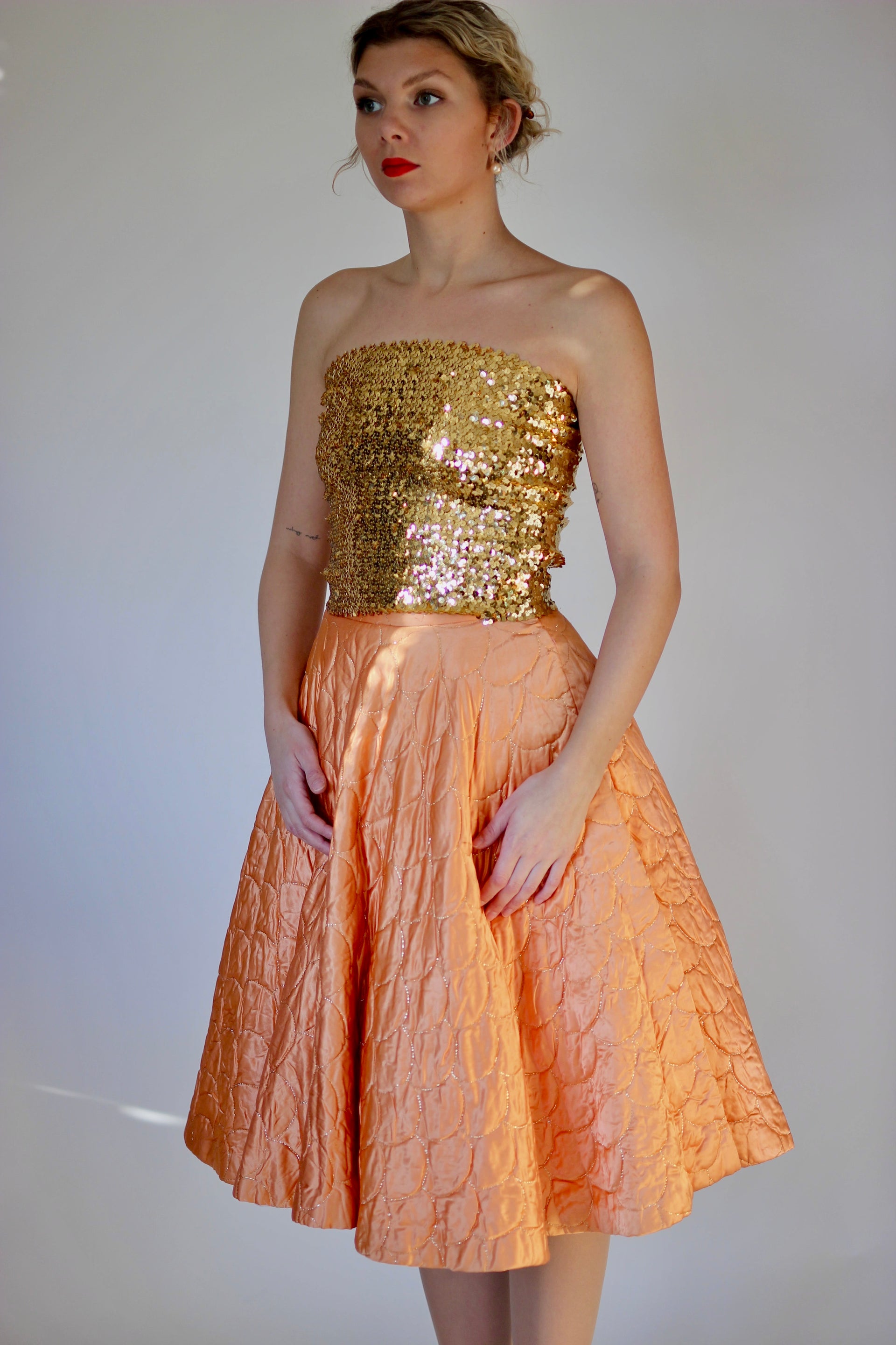 1950s Vintage Copper Quilted Circle Skirt//Size S